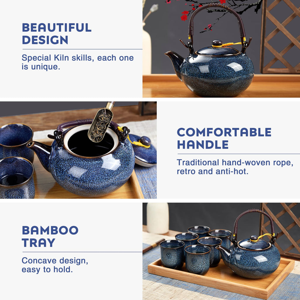 DUJUST Japanese Tea Set for 6 | Kiln Glaze Porcelain Teapot with Bamboo Tray