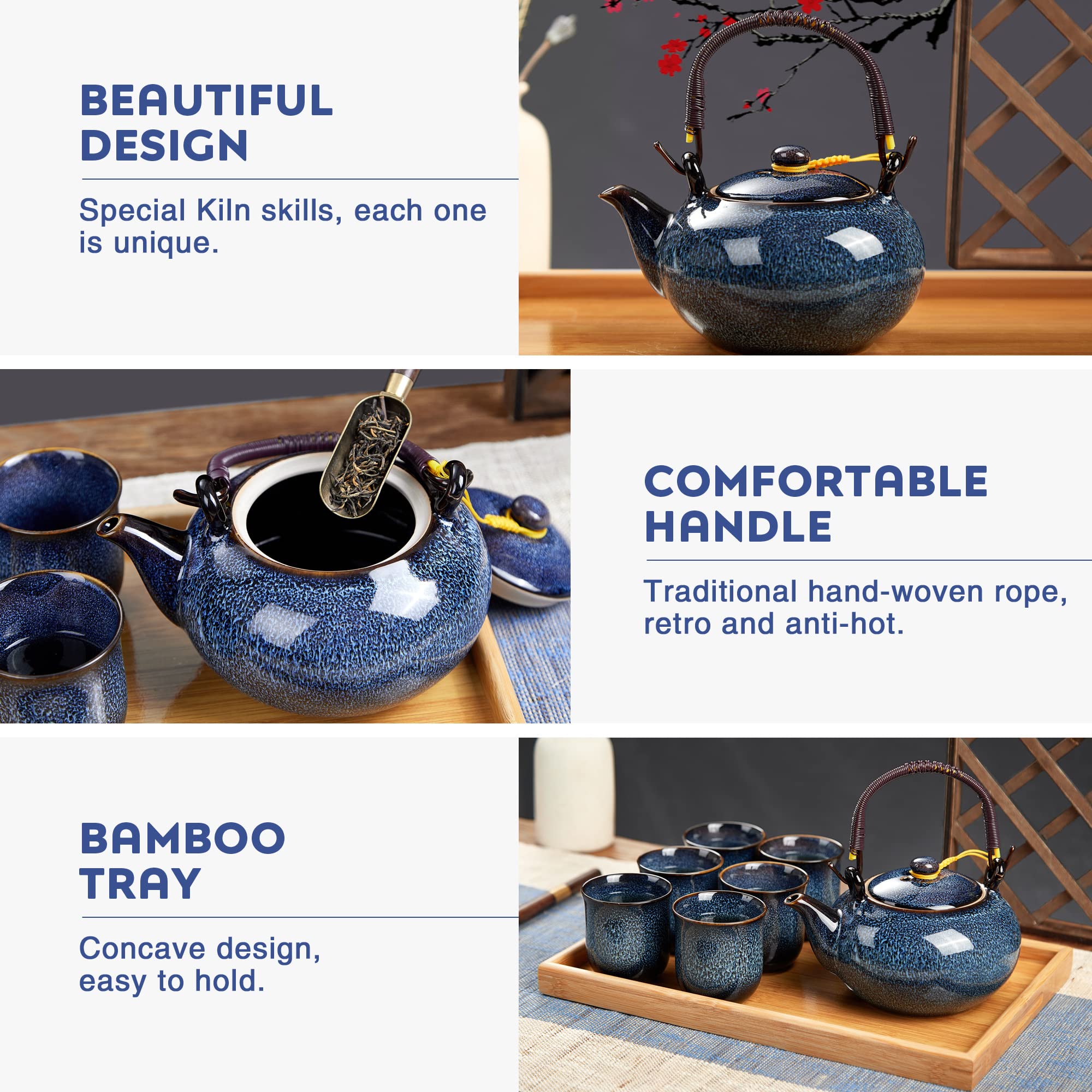 DUJUST Japanese Tea Set for 6 | Kiln Glaze Porcelain Teapot with Bamboo Tray