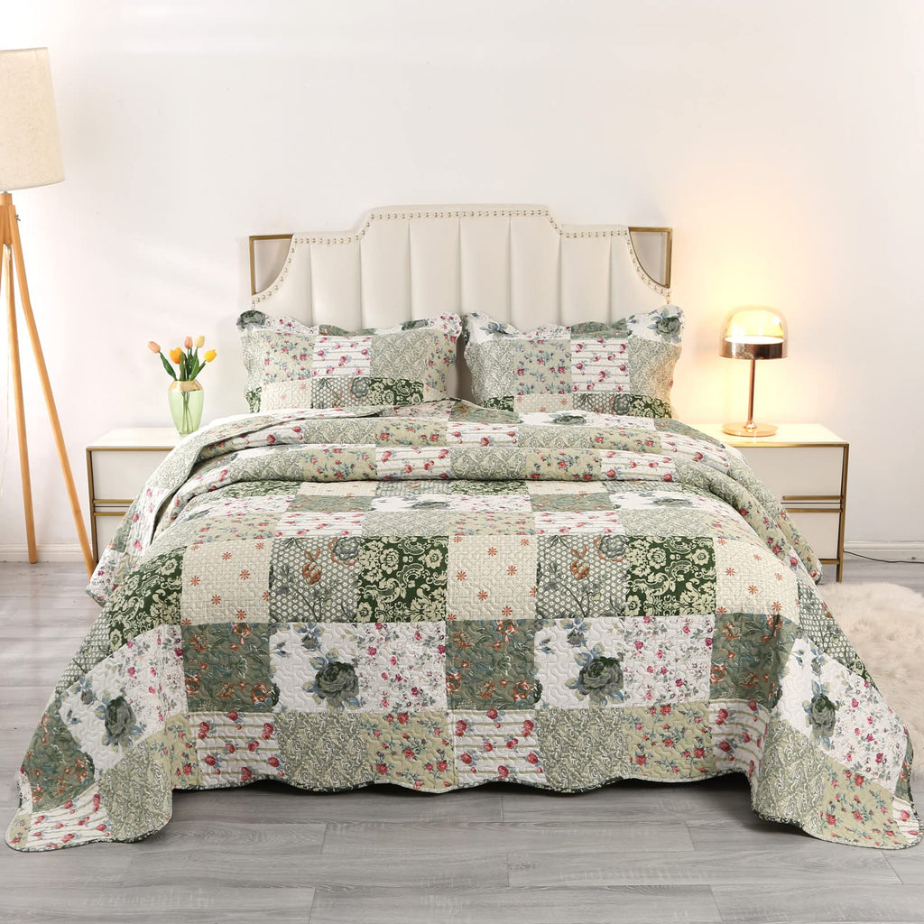 Qucover Green Floral King Bedspread Set | Lightweight Ultrasonic Quilt