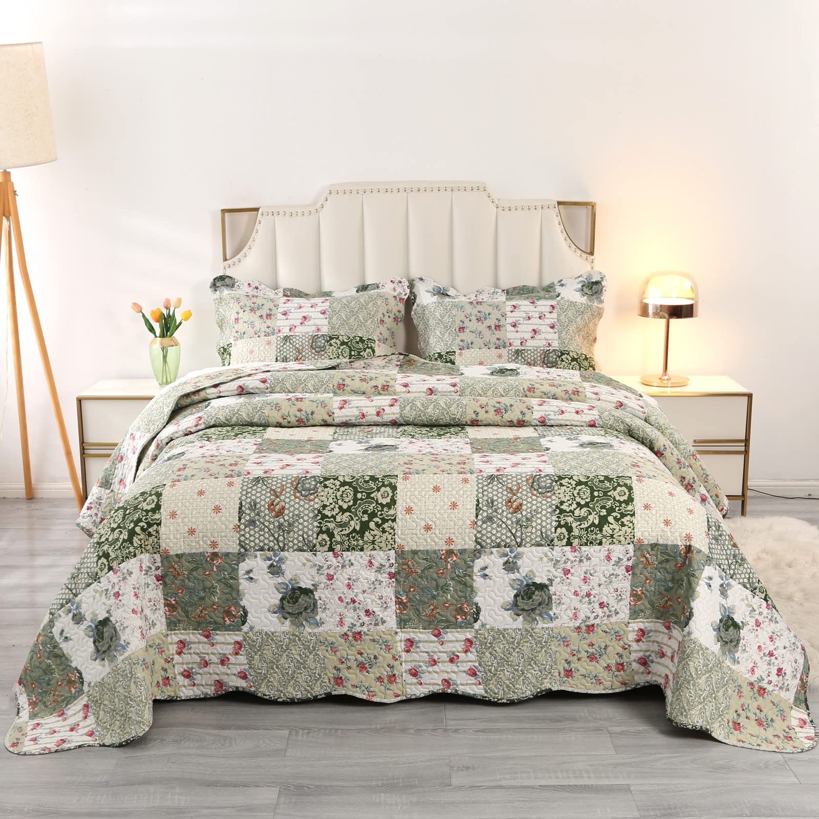 Qucover Green Floral King Bedspread Set | Lightweight Ultrasonic Quilt