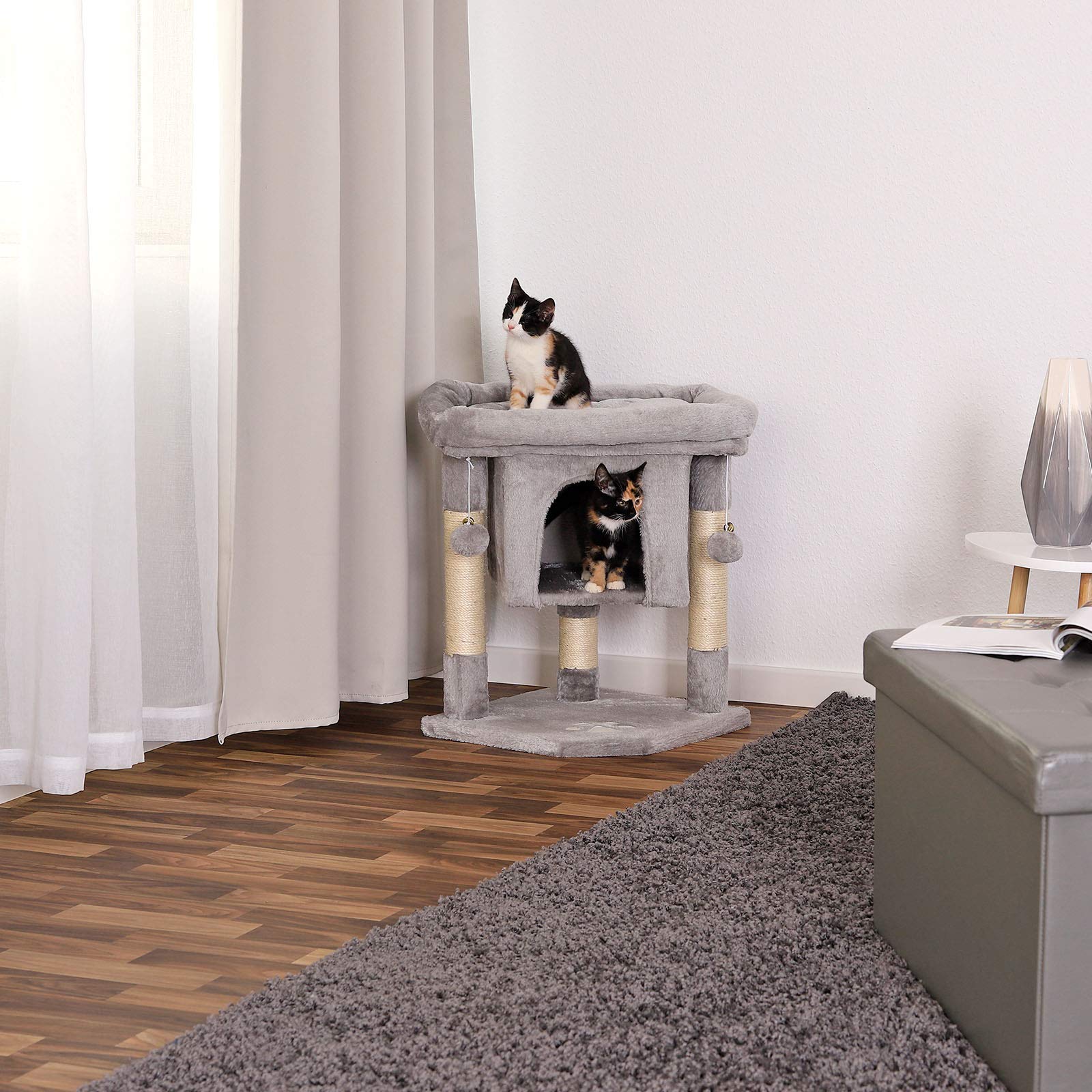 lionto Cat Scratching Tree with Cave & Sisal Rope – 60 cm Plush Cat Tower