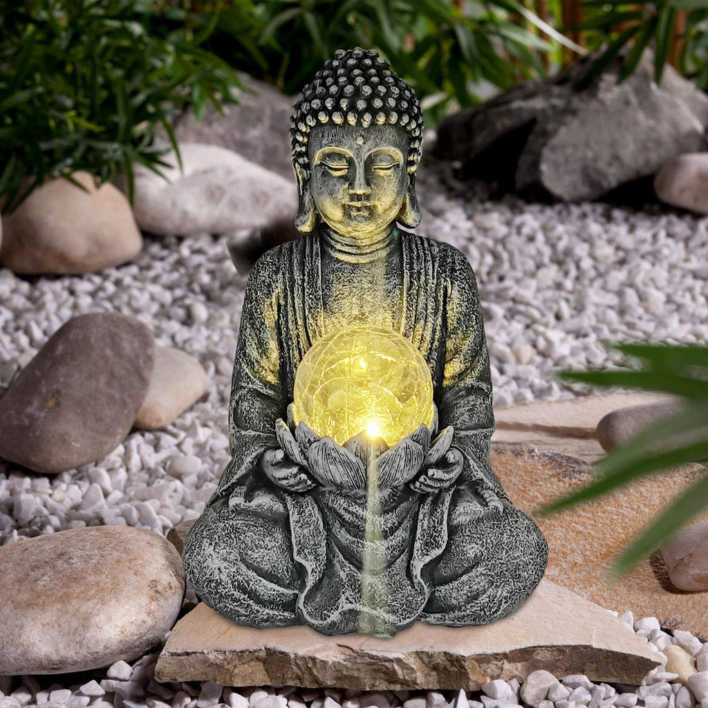 Goodeco Solar Zen Buddha Statue | Grey Polyresin Garden Decor with LED Ball