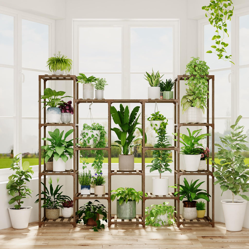 Bamworld 12-Pot Wooden Plant Stand – Large Indoor Outdoor Flower Shelf