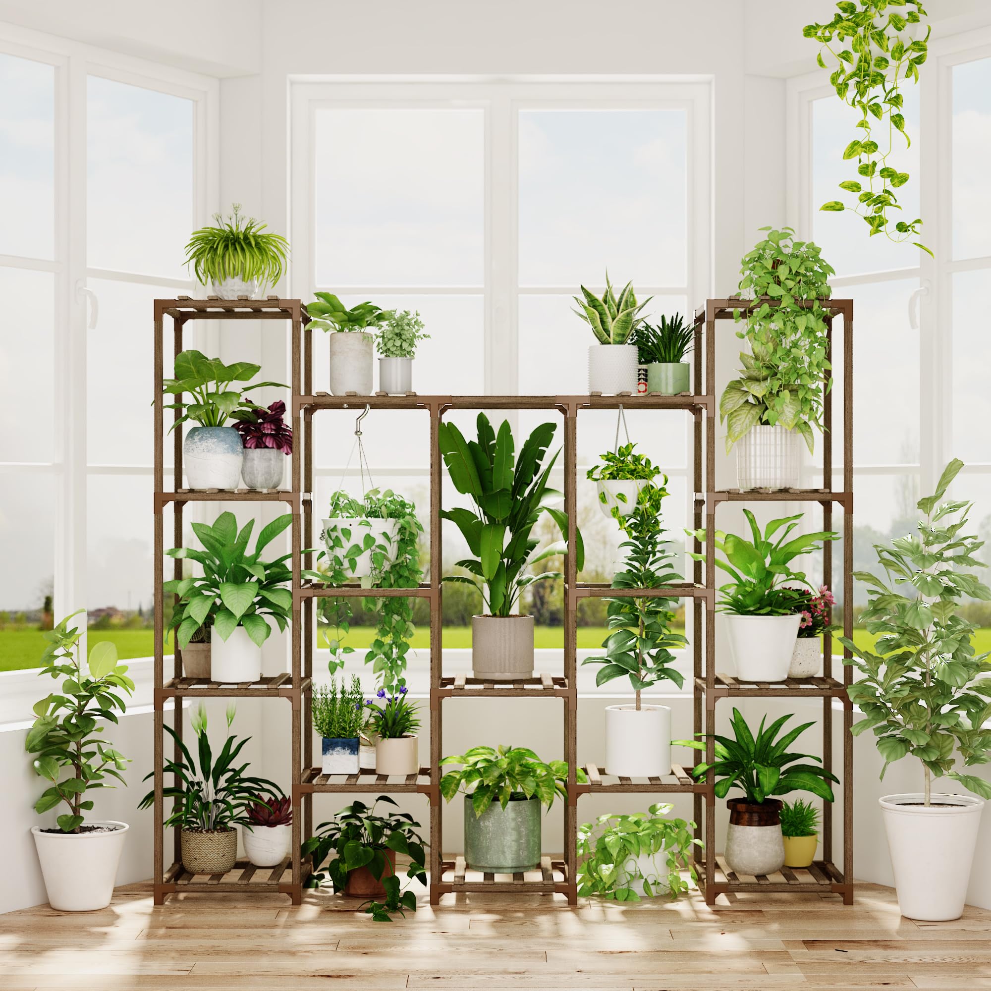 Bamworld 12-Pot Wooden Plant Stand – Large Indoor Outdoor Flower Shelf
