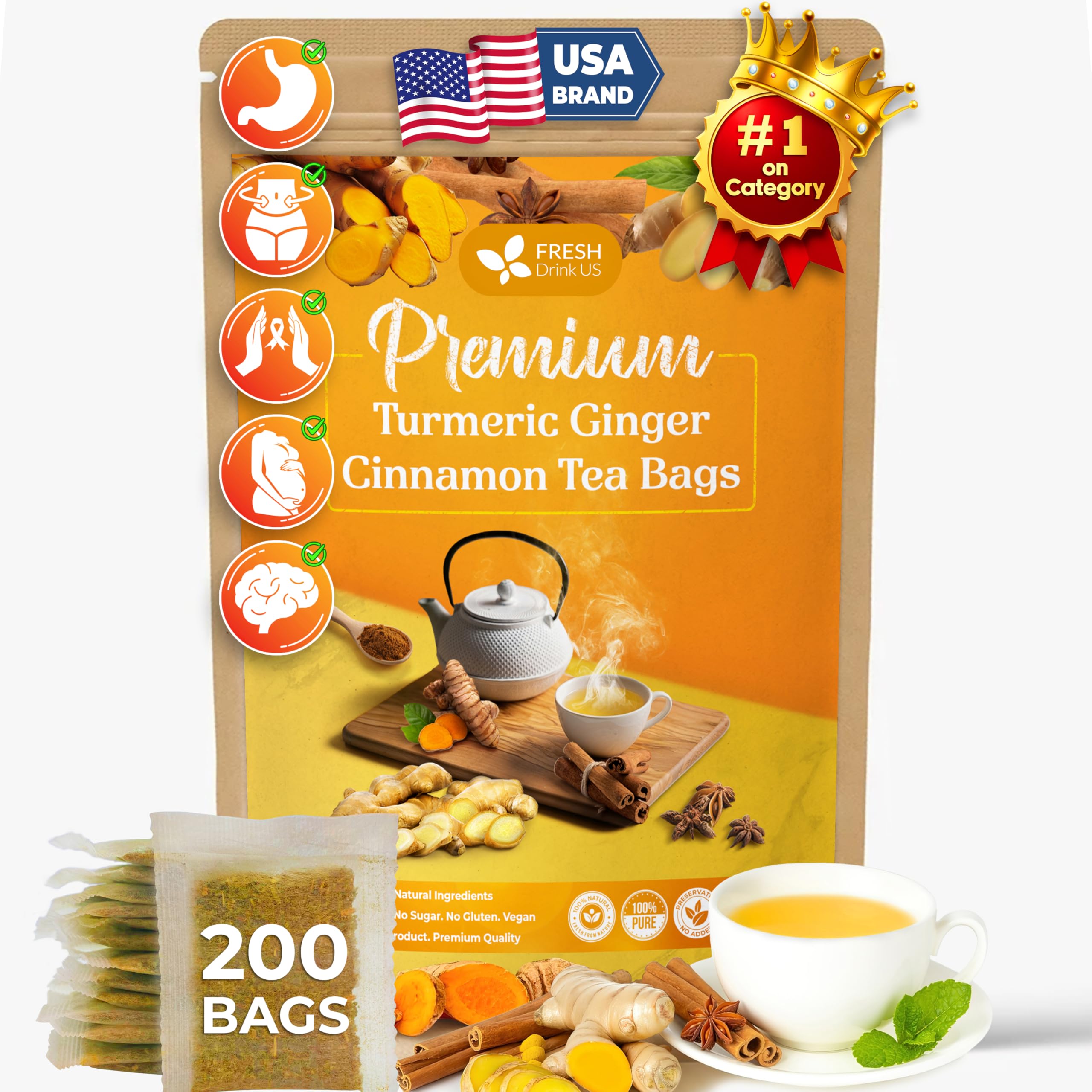 Turmeric Ginger Cinnamon Herbal Tea - 200 Natural Tea Bags