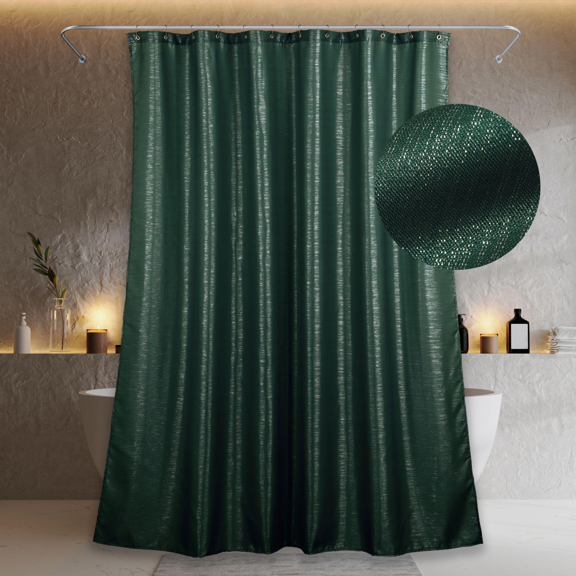 Popkozzi Dark Green Glitter Shower Curtain | Metallic Emerald Fabric