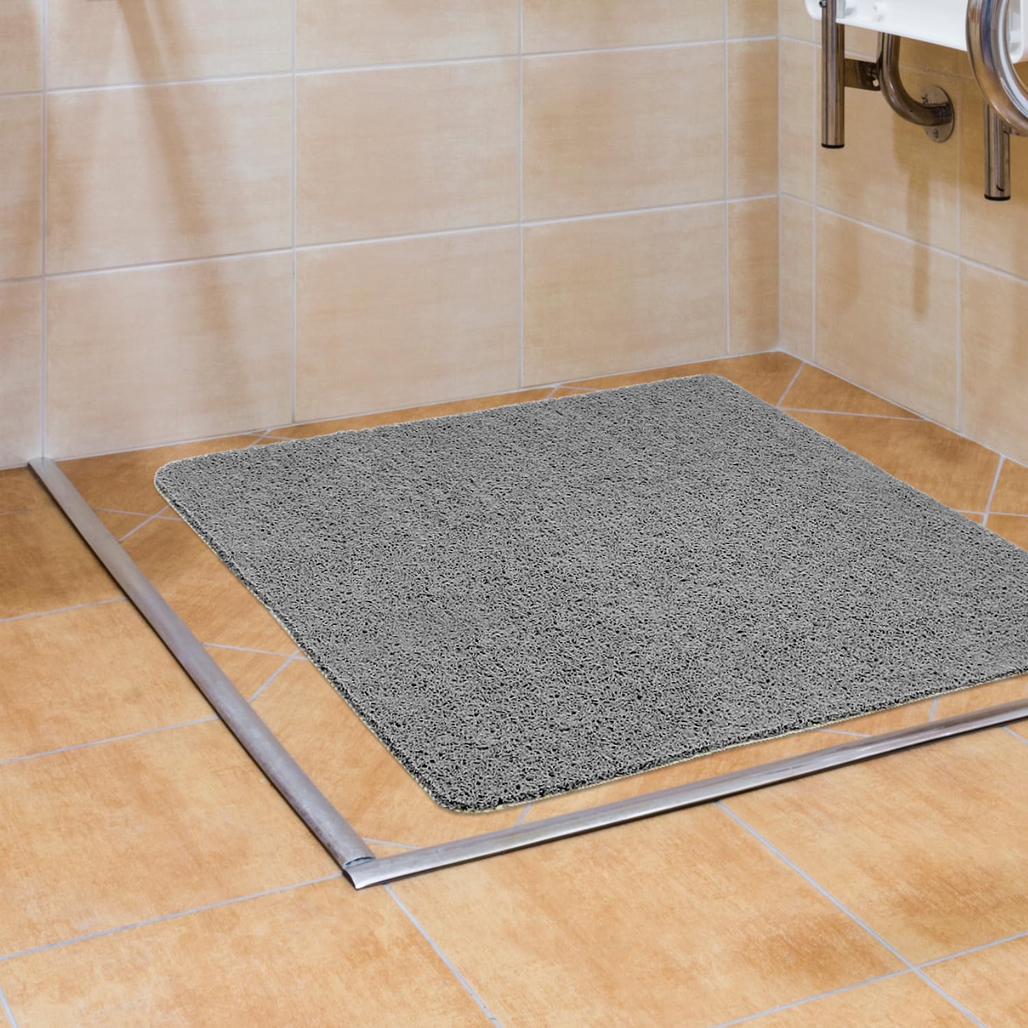 QWORK Square Shower Mat – 60x60cm Non-Slip Grey PVC Loofah Bath Mat