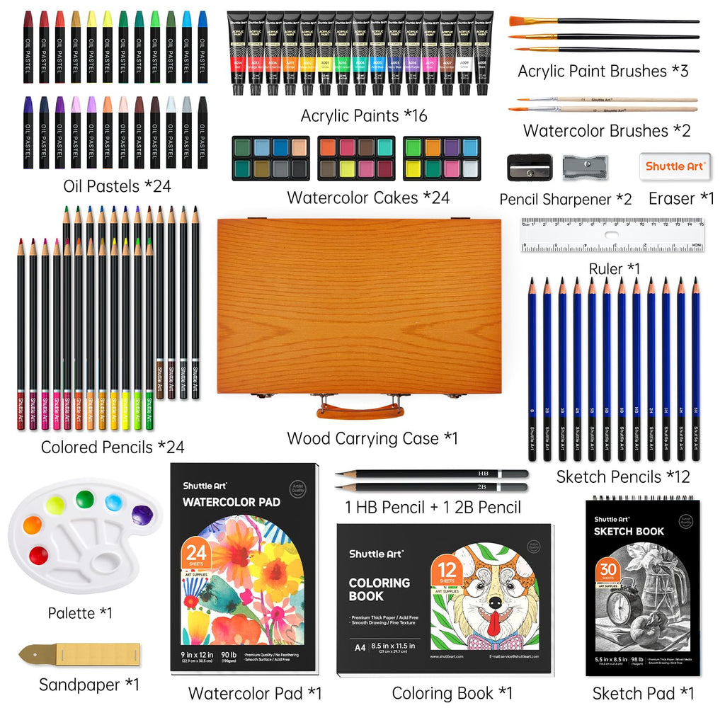 Shuttle Art 118 Piece Deluxe Art Set | Wooden Case Drawing & Painting Kit
