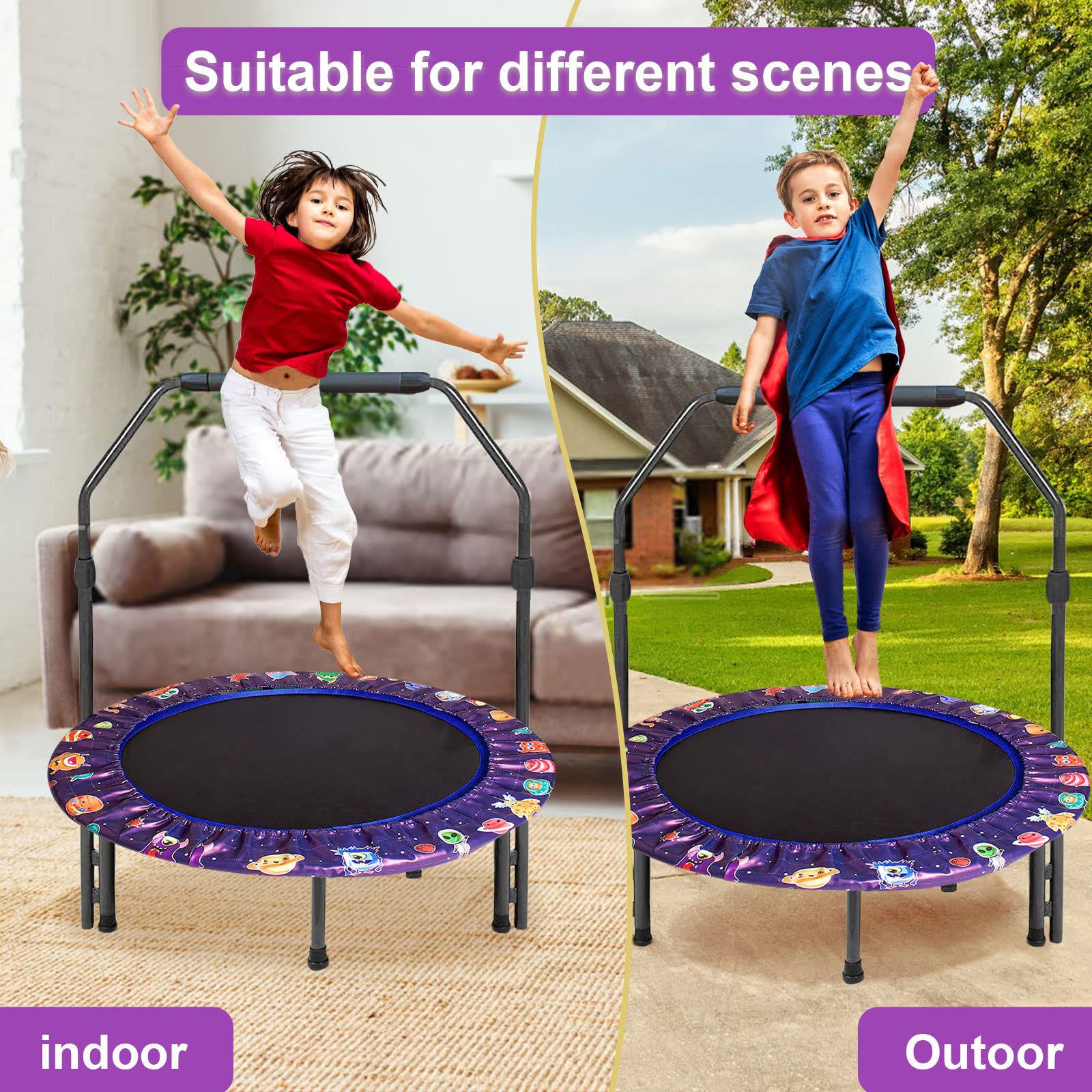 36" Kids Mini Trampoline with Adjustable Handle – Purple