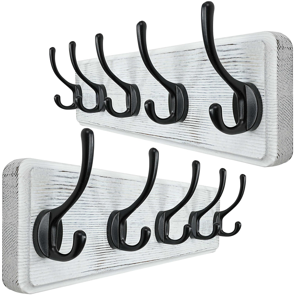 WEBI Solid Wood Wall Mounted Coat Rack | 5 Large Hooks, Rustic White, 2 Pack