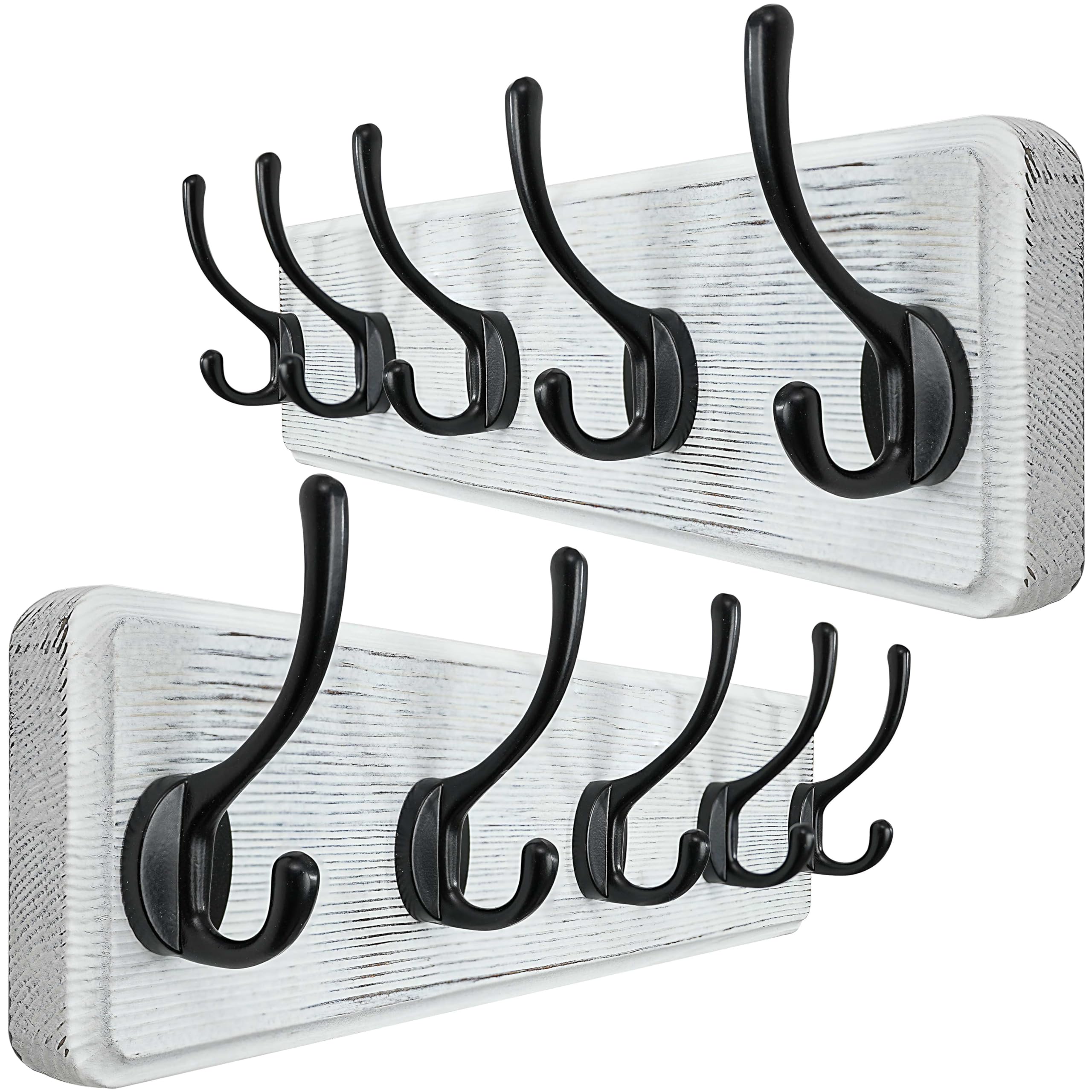 WEBI Solid Wood Wall Mounted Coat Rack | 5 Large Hooks, Rustic White, 2 Pack