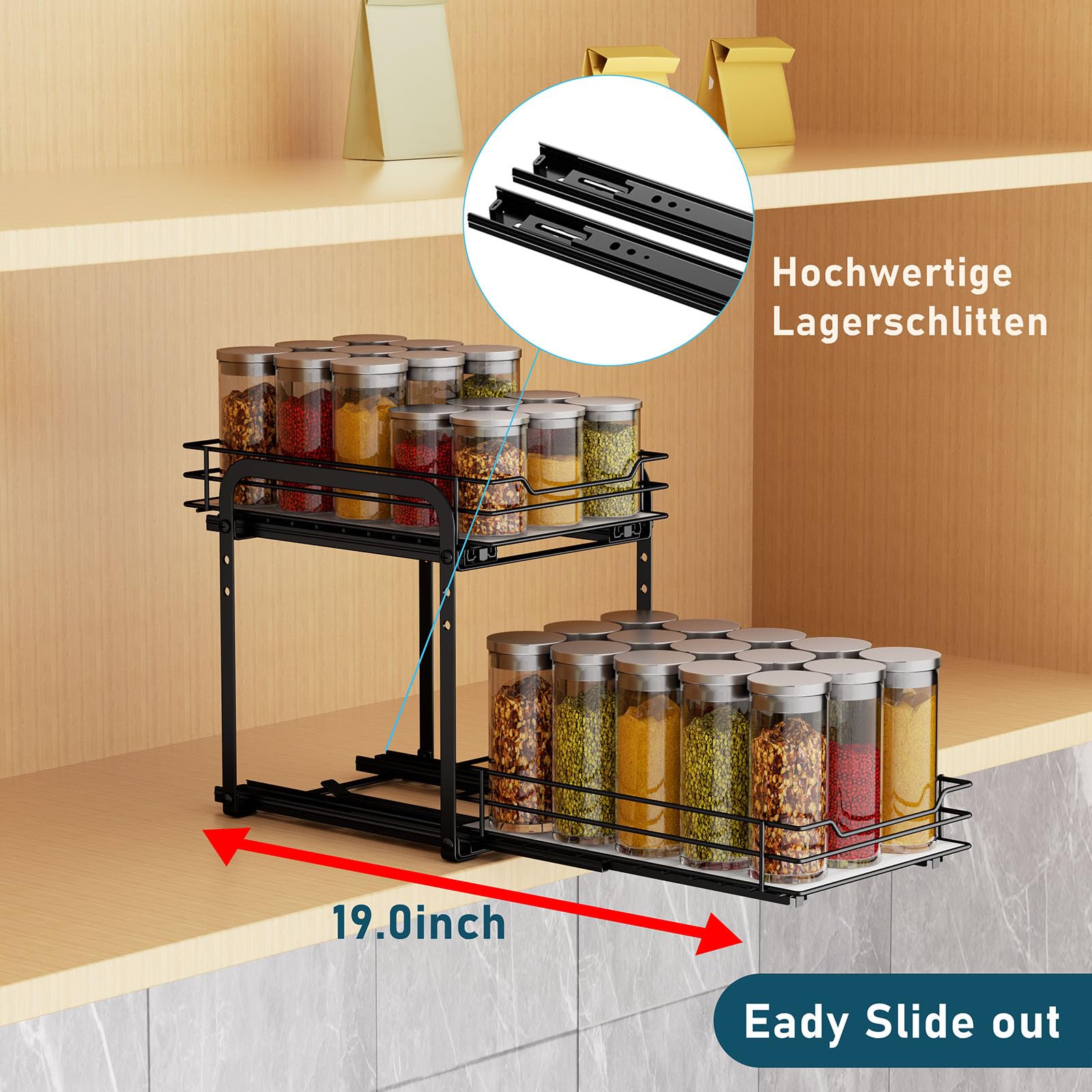 MAYZOLOP 2-Tier Pull Out Spice Rack – Adjustable Metal Kitchen Organiser
