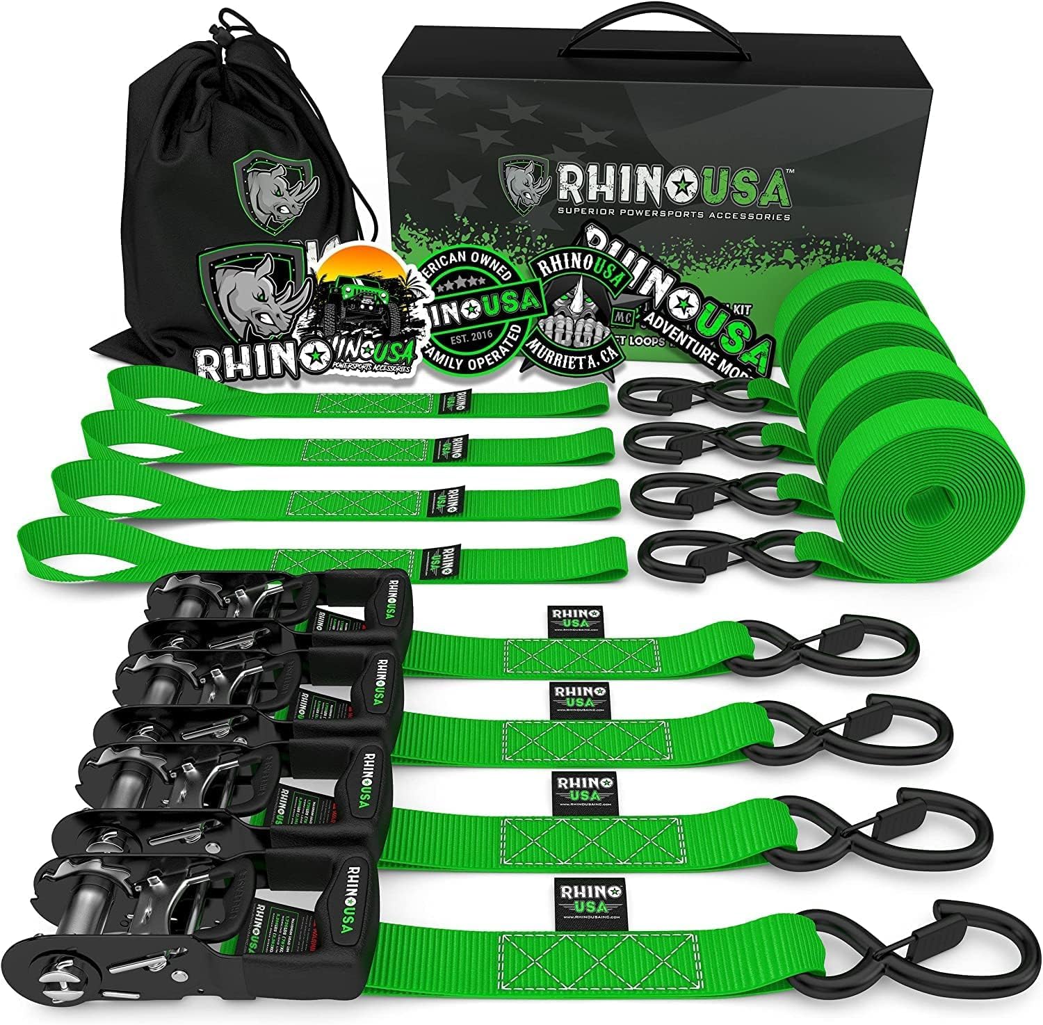 Rhino USA Ratchet Straps 4-Pack – 800kg Heavy Duty Tie Downs, Green