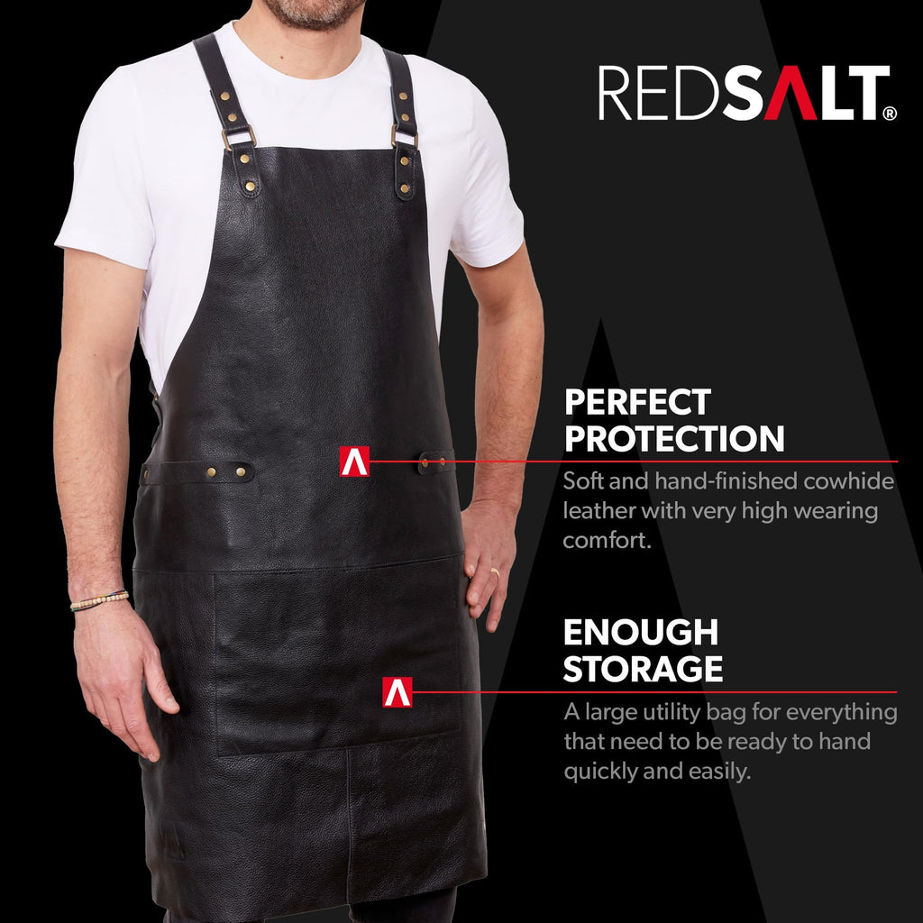 REDSALT Premium Leather BBQ Apron – 100% Cowhide Crossback Work Apron