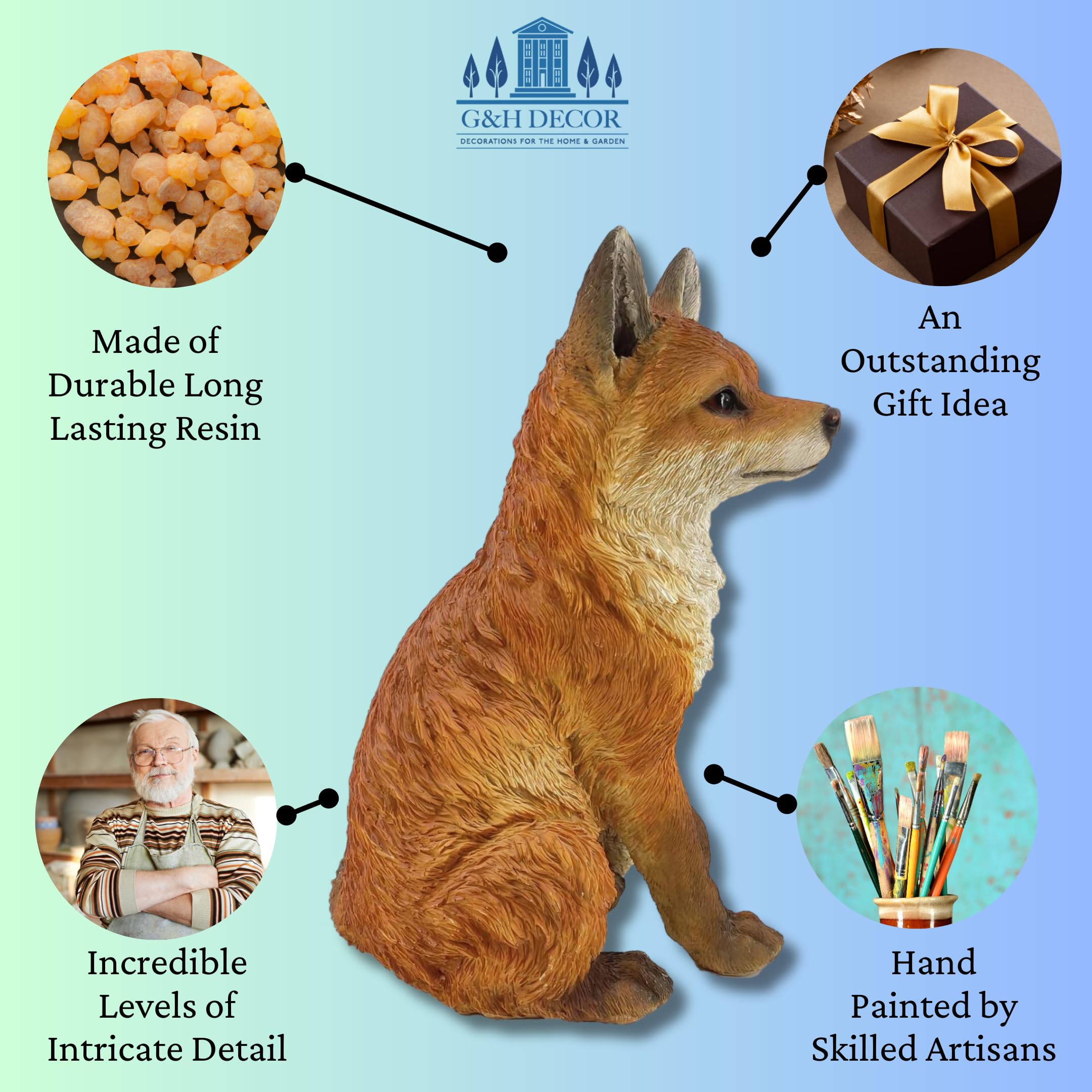 G&H Decor Realistic Fox Garden Statue – Weatherproof Polyresin Ornament