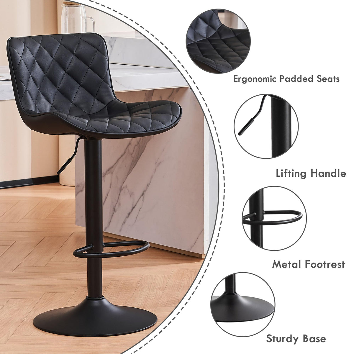 Kidol&Shellder Black Bar Stools Set of 2 Modern Kitchen Stools - image 3