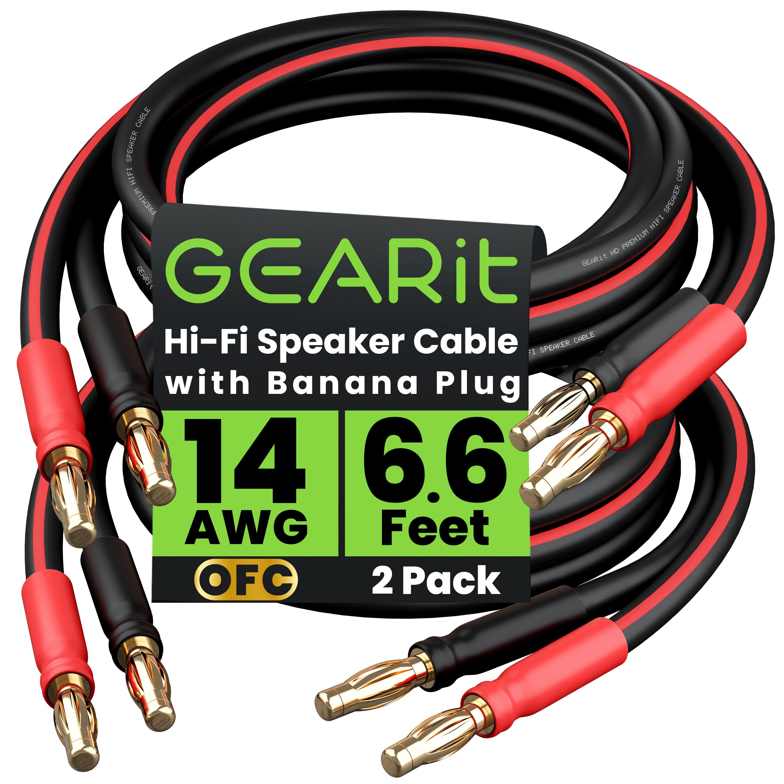 GearIT 14 AWG Speaker Cable with Banana Plugs | 99.9% OFC - 6.6ft (2 Pack)