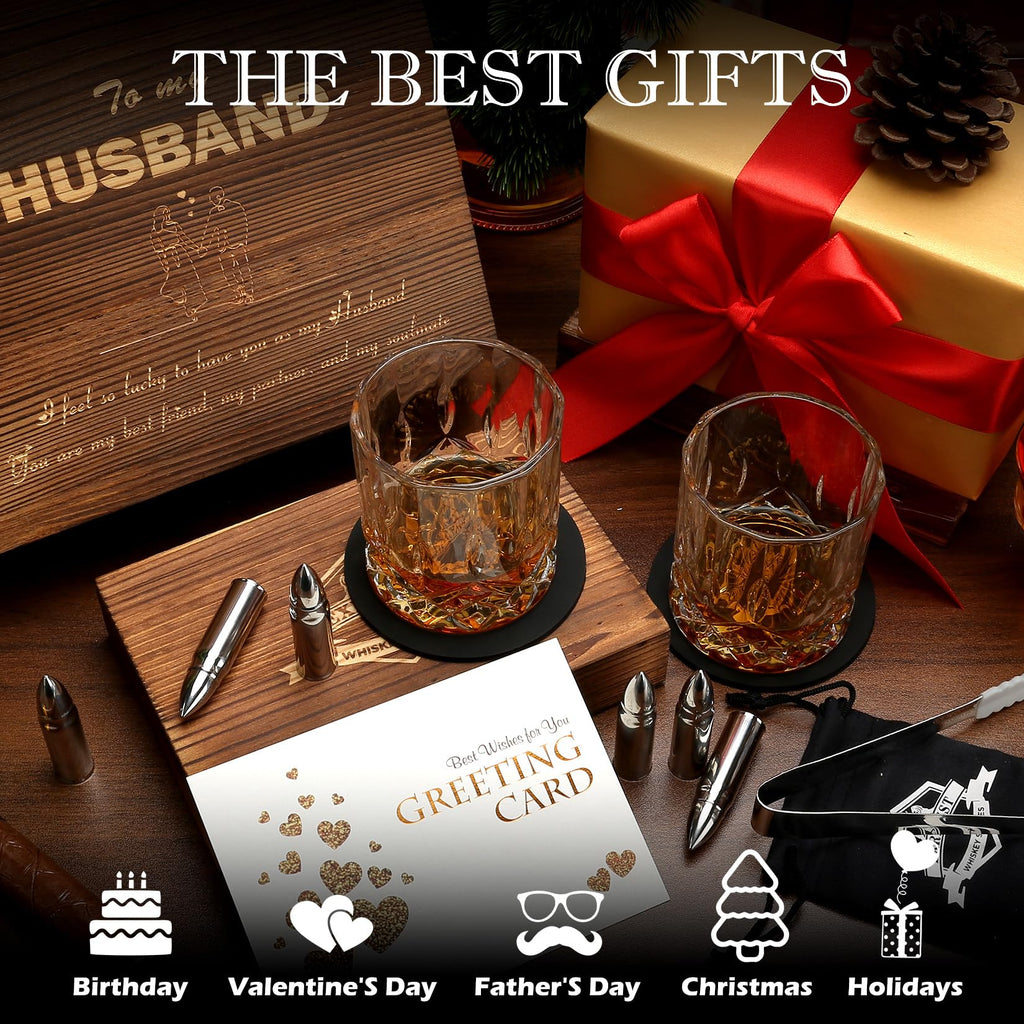 Exreizst Stainless Steel Whiskey Stones and Glass Gift Set with Wood Box