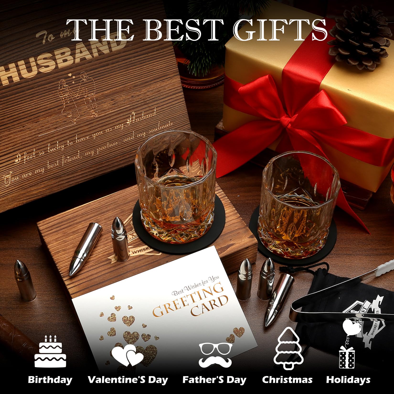 Exreizst Stainless Steel Whiskey Stones and Glass Gift Set with Wood Box