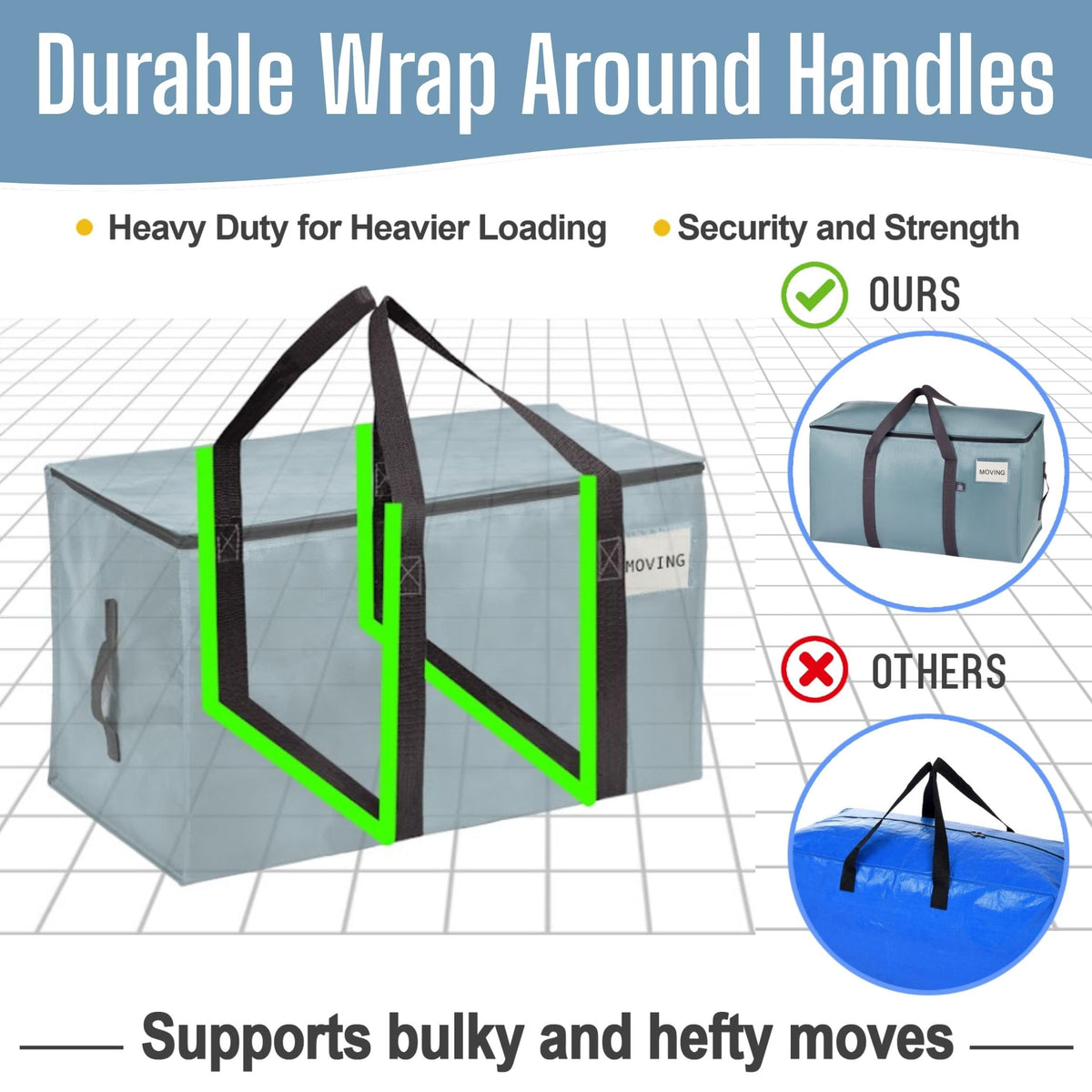 VENO 10 Pack Extra Large Moving Bags with Zippers & Carrying Handles, Heavy-Duty Storage Tote Moving Boxes for Space Saving Light Blue-10 Pack - image 2