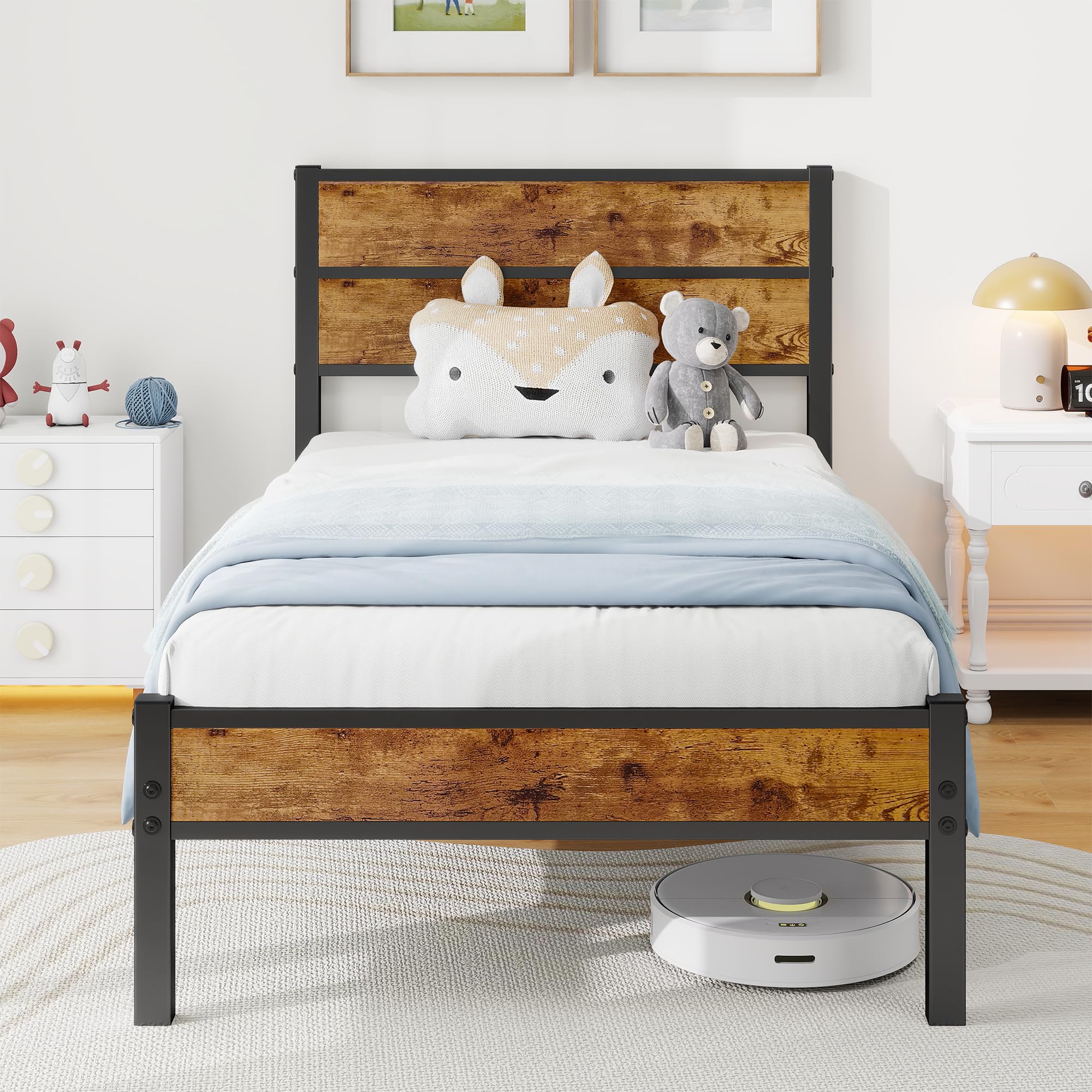 JUISSANO Single Bed 90x200cm – Metal Bed Frame with Wooden Headboard