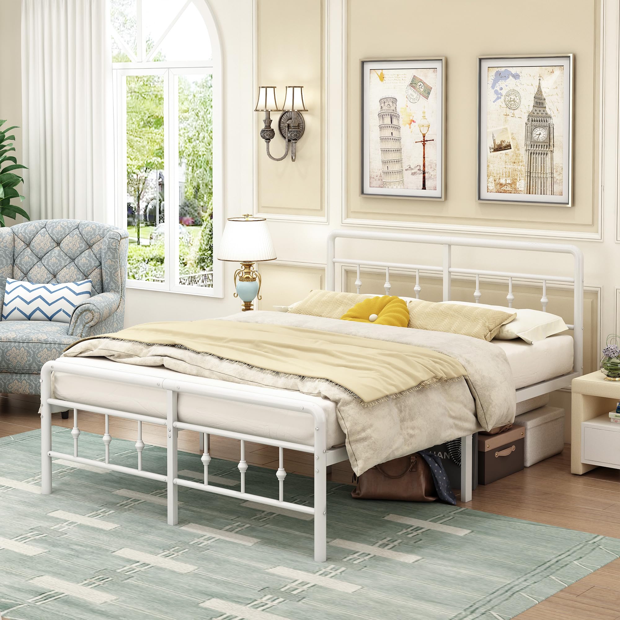 EMODA Metal Bed Frame 140x200cm | White Victorian Style with Storage