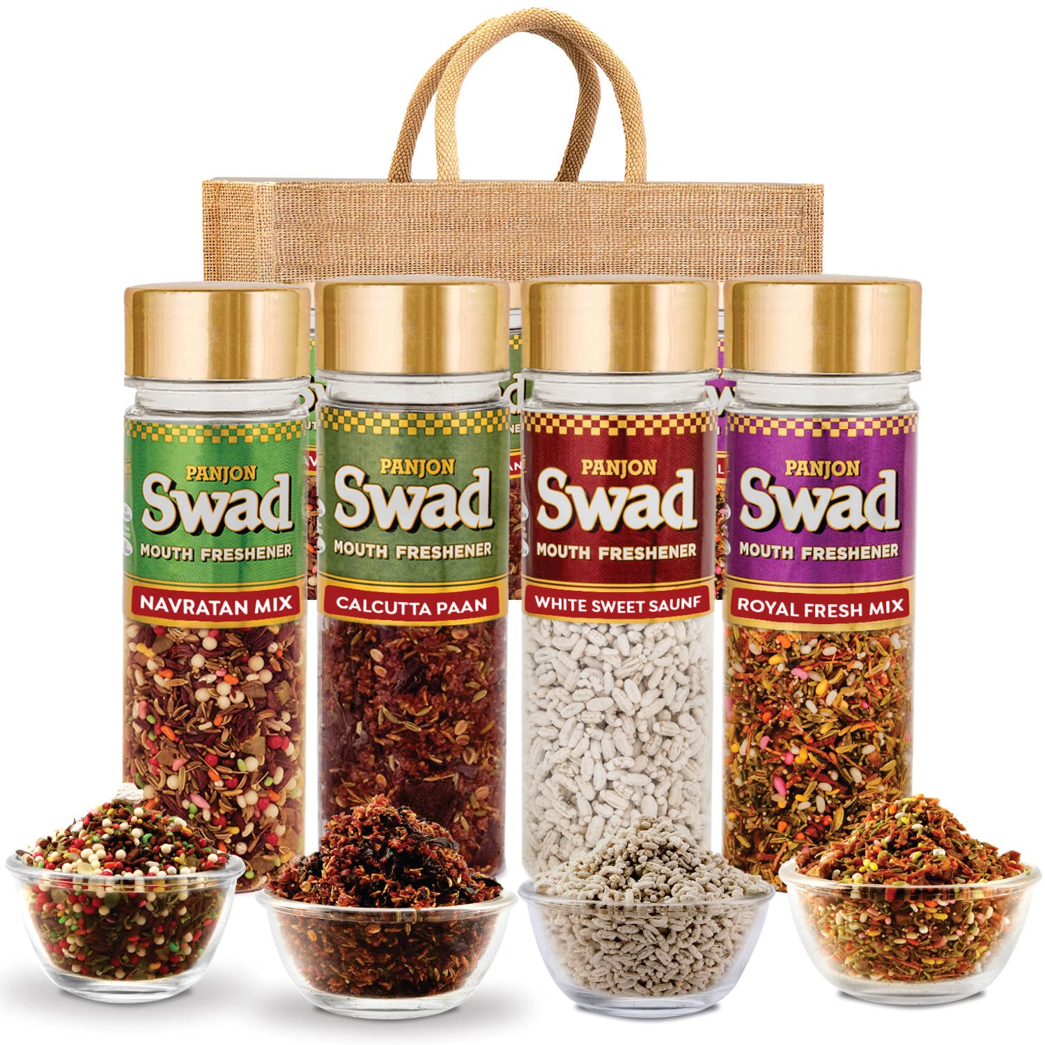Panjon Swad Mouth Freshener Combo - 4 Pack Jute Gift Set | Vegan Mukhwas