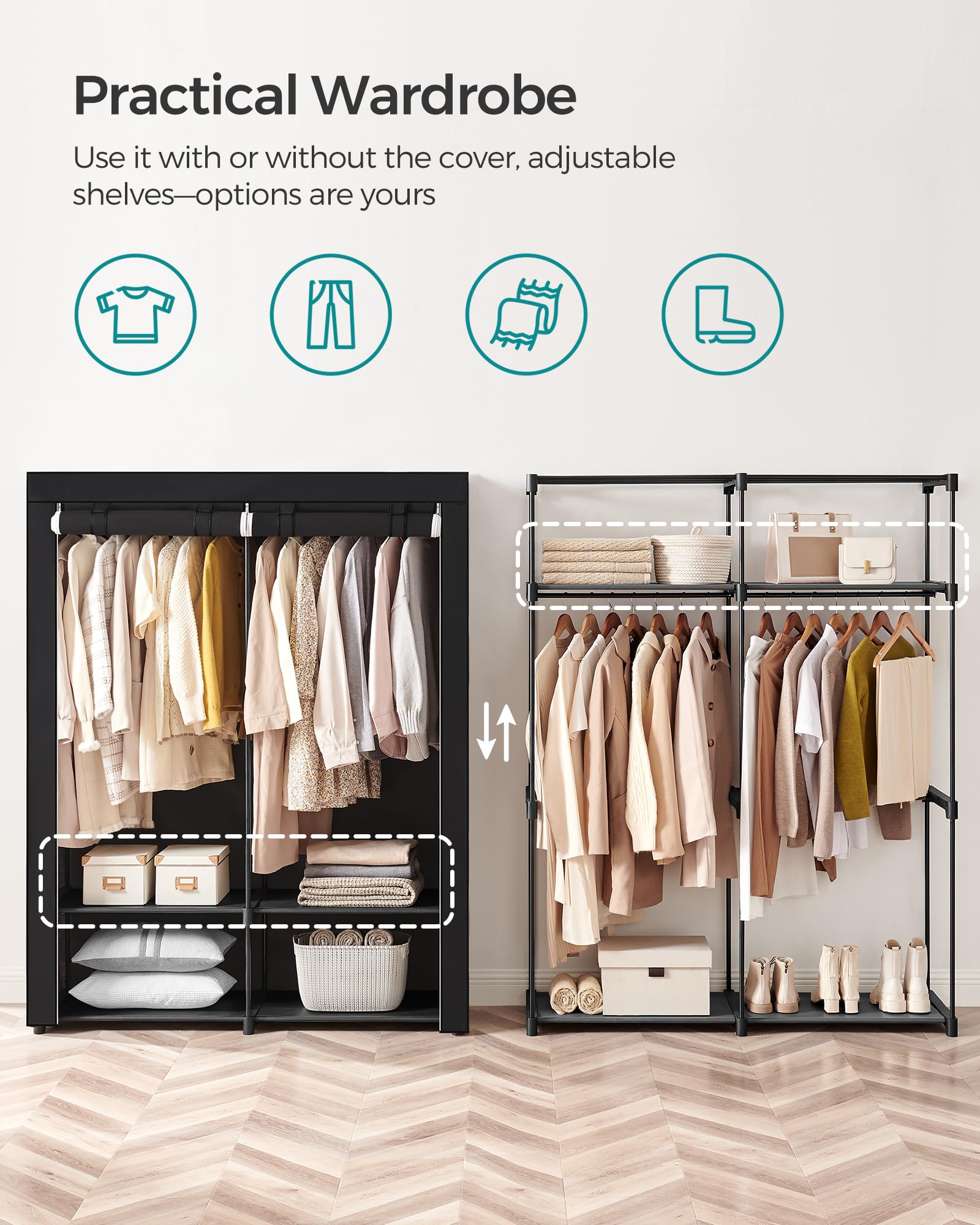 SONGMICS Portable Fabric Wardrobe – Collapsible Clothes Rack with 2 Rails