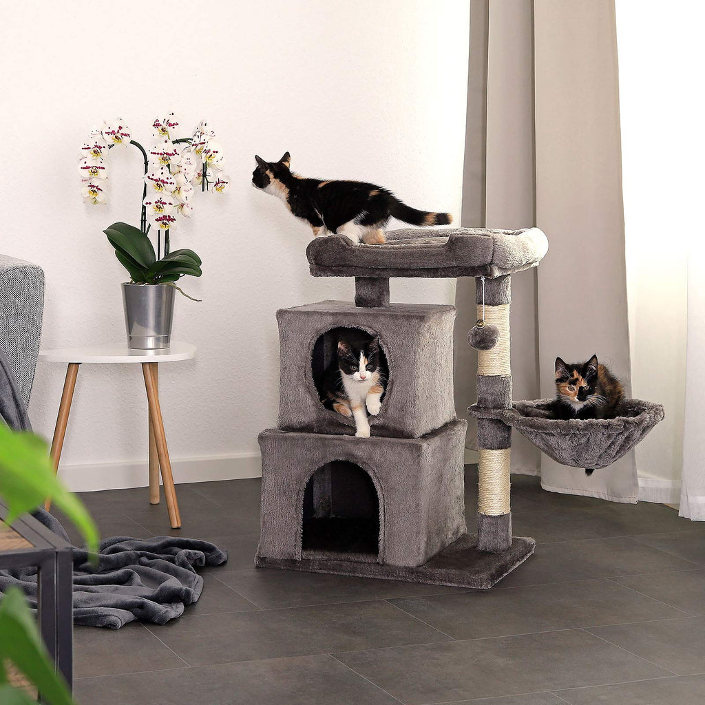 lionto Cat Scratching Post – 70cm Cat Tree with 2 Caves & Sisal, Dark Grey