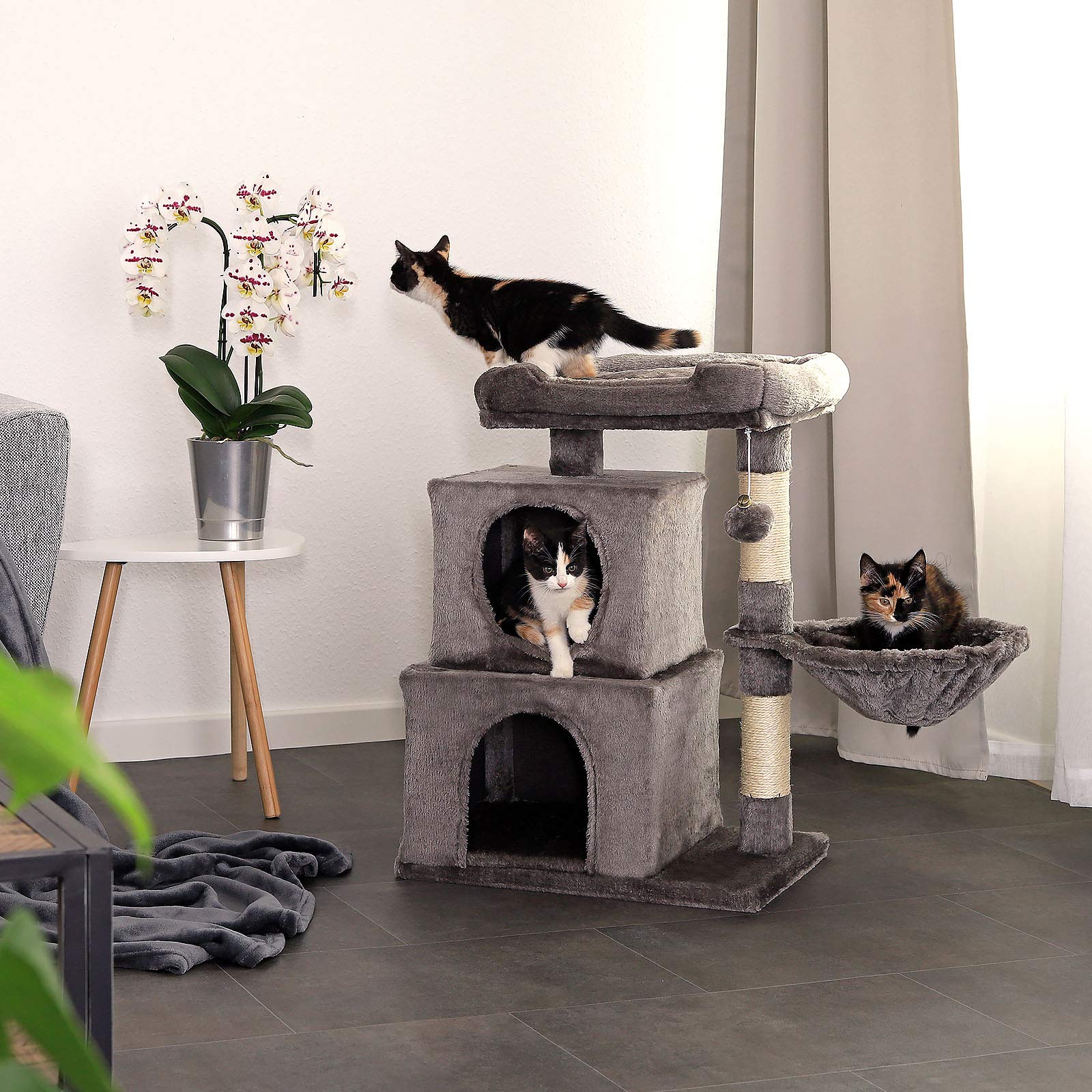 lionto Cat Scratching Post – 70cm Cat Tree with 2 Caves & Sisal, Dark Grey