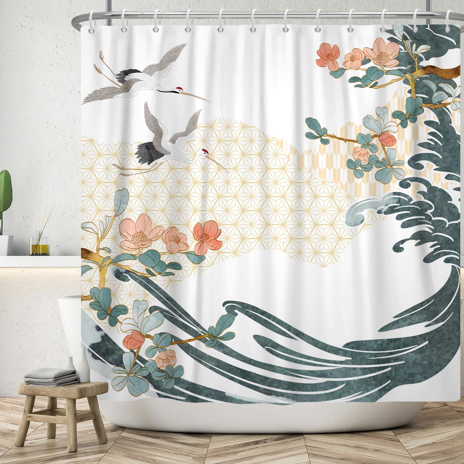 Shower Curtain | Japanese Crane & Plum Flower Waterproof Fabric