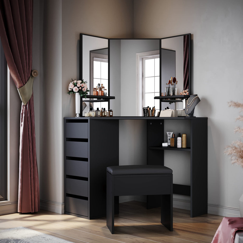 ELEGANT Corner Dressing Table with Padded Stool, Vanity Desk with 5 Drawers - image 1