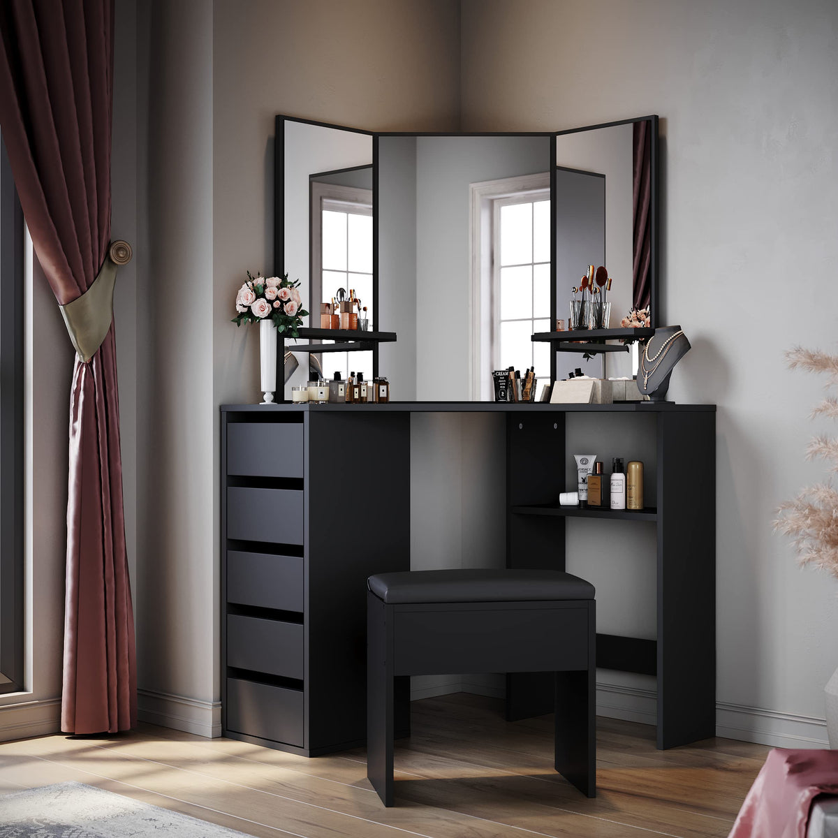 ELEGANT Corner Dressing Table with Padded Stool, Vanity Desk with 5 Drawers - image 1