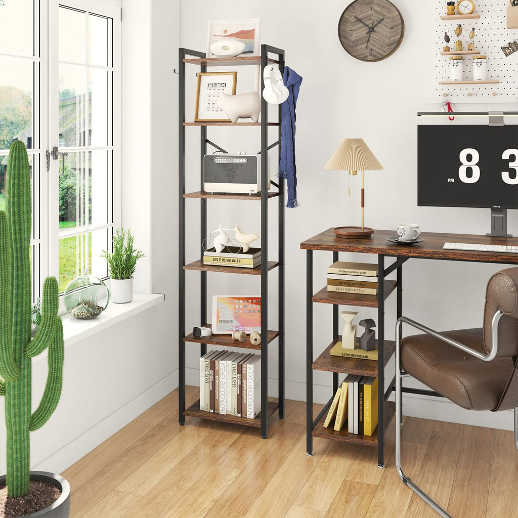 YMYNY 6-Tier Industrial Bookshelf – Rustic Storage Rack with Steel Frame