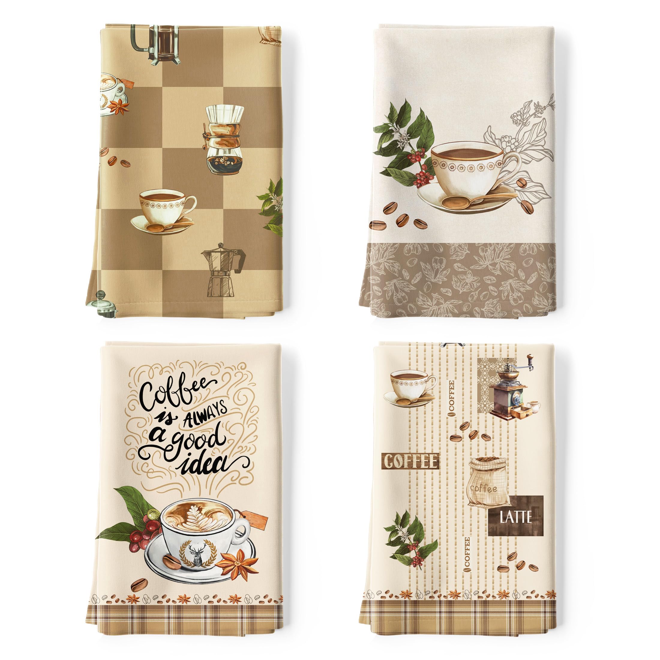 Arquiel Coffee Kitchen Towels | 100% Cotton Quick Dry Dishcloths | Set of 4