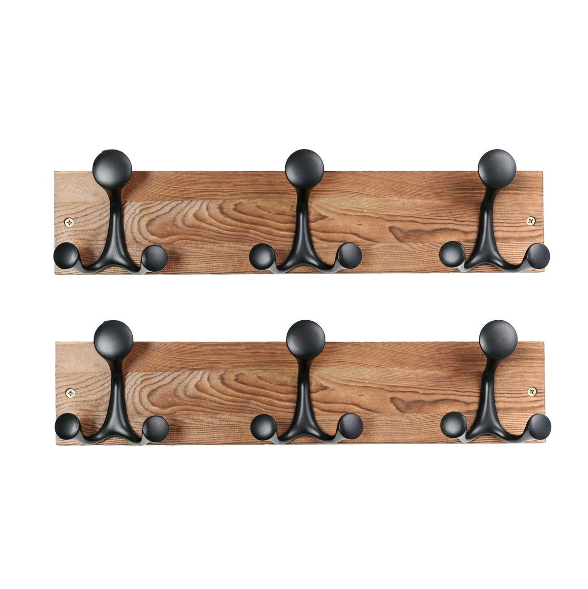 HONSKY Wall Mounted Coat Rack, 43cm Brown Pine Wood Base, 3 Black Sturdy Aluminium Alloy Triple Hooks 9 Hanging Points - image 1