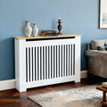 Tall Radiator Cover – White MDF Heater Shelf with Wood Top