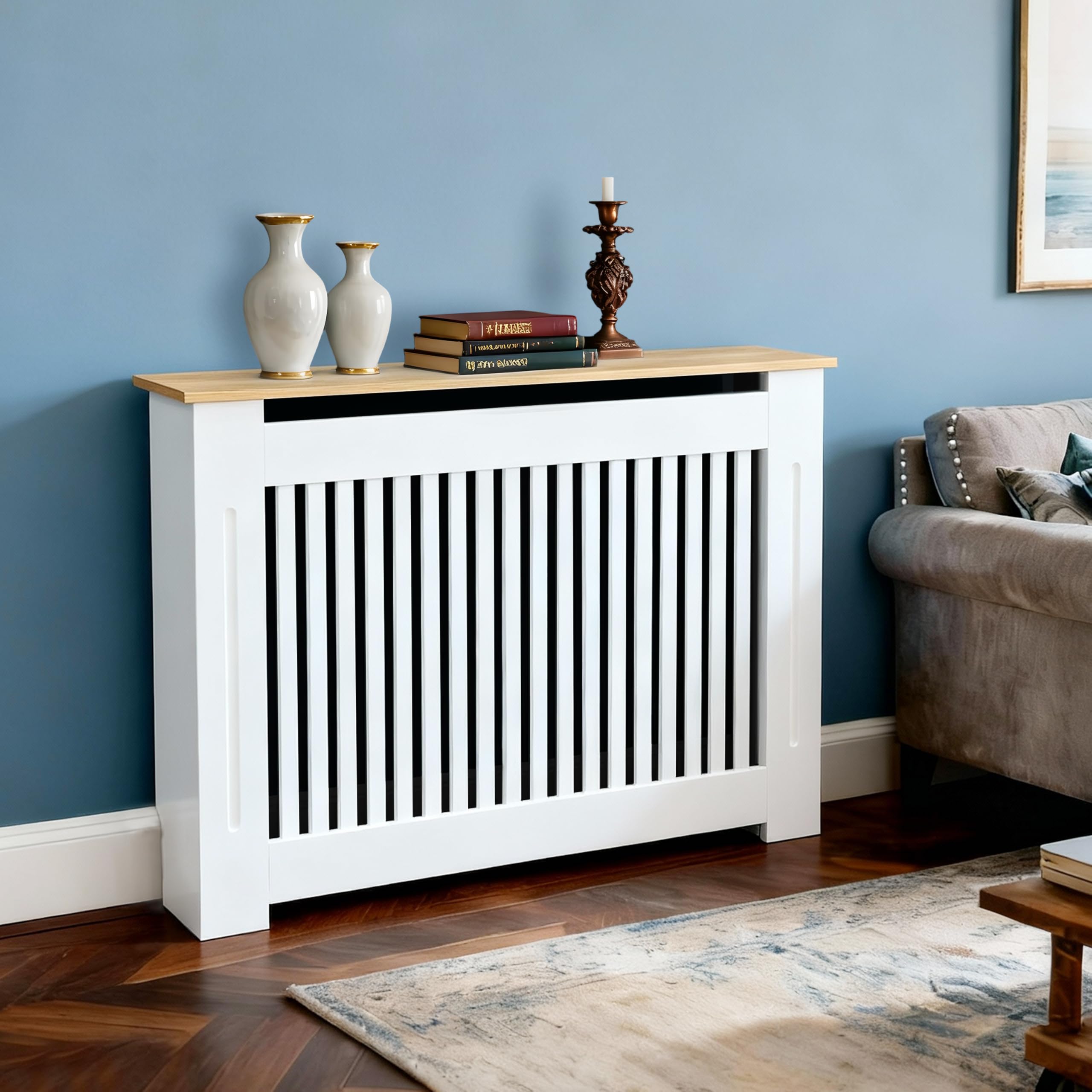 Tall Radiator Cover – White MDF Heater Shelf with Wood Top