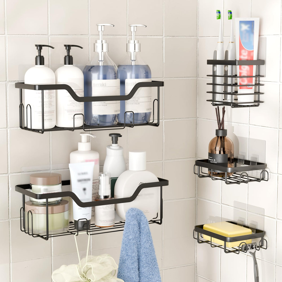 Cubbiesavor Shower Caddy 5 Pack, Stainless Steel Shower Shelf No Drilling with Toothbrush, Razor and Soap Holder Set, Black Bathroom Accessories - image 1
