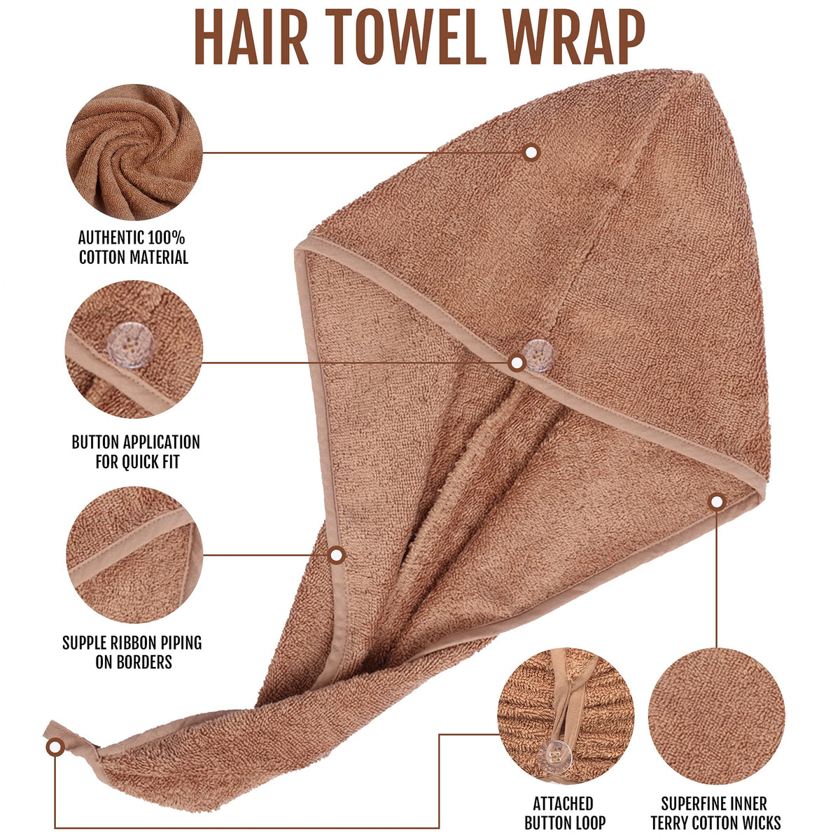 BAVIN LUXURY Hair Towel Wrap 100% Cotton, Instant Drying Lightweight Turban Hair Cap Super Quick Absorbent Anti-Frizz Twist Dry Hat with Button Loop - image 2