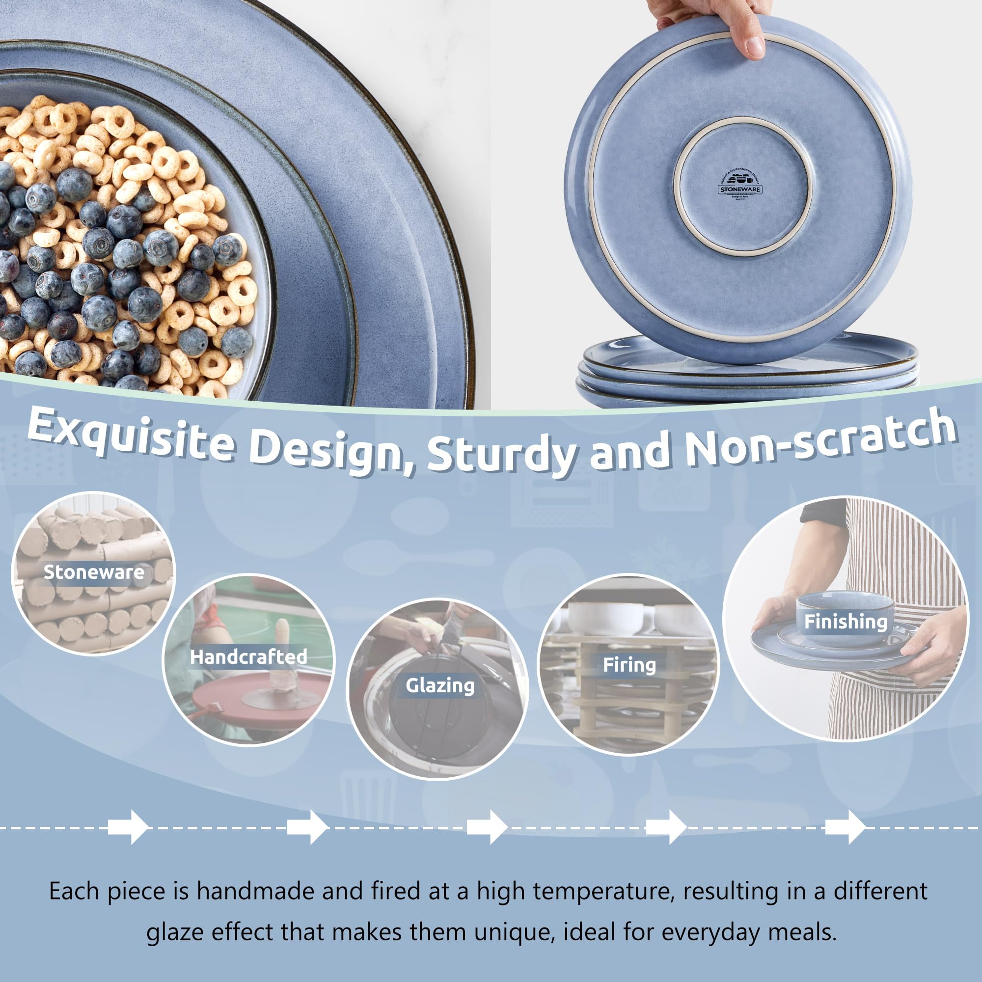 Homikit 12-Piece Stoneware Dinner Set – Reactive Glaze Blue Dinnerware