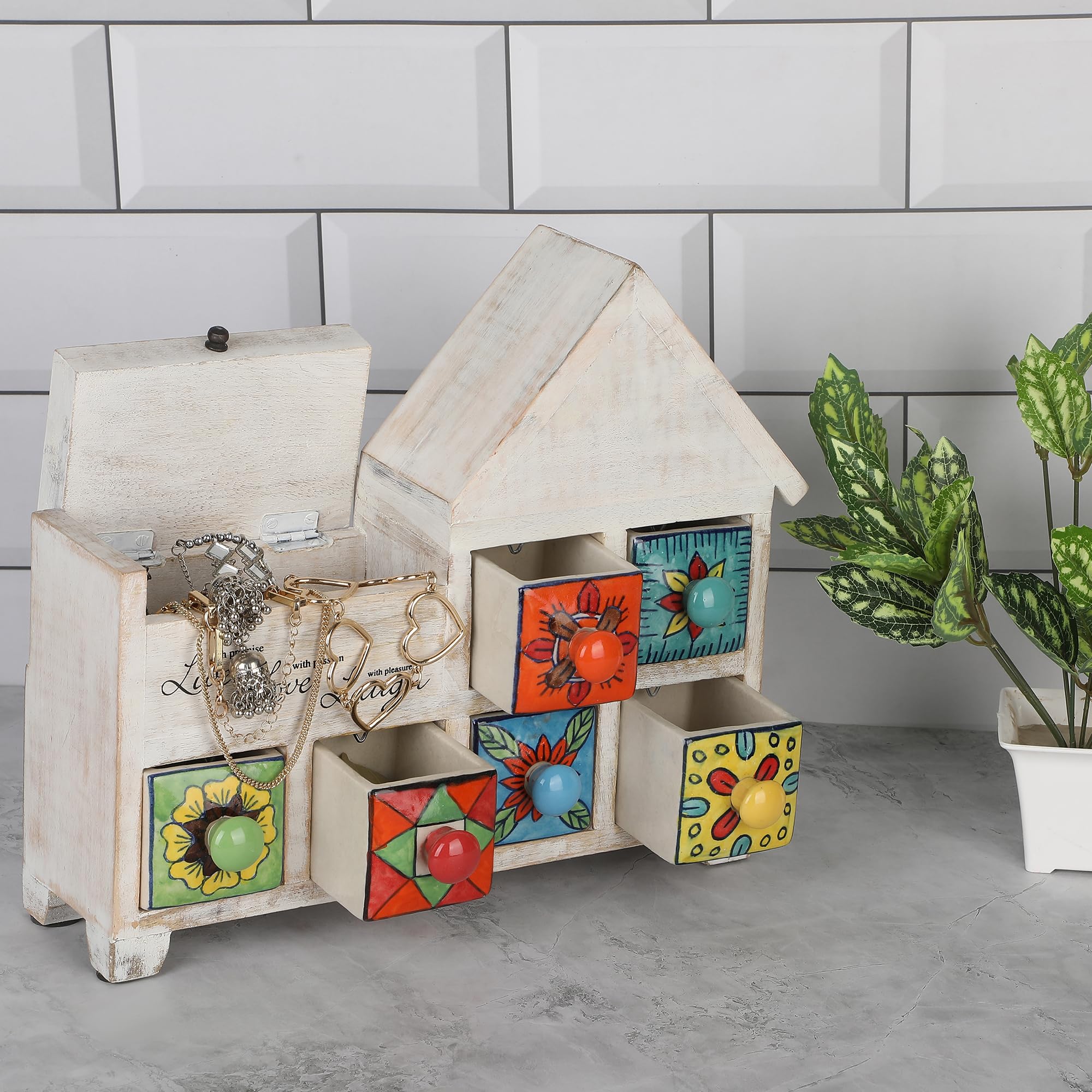 Jolof Store Handpainted 6 Ceramic Drawer Mango Wood Spice & Jewellery Chest