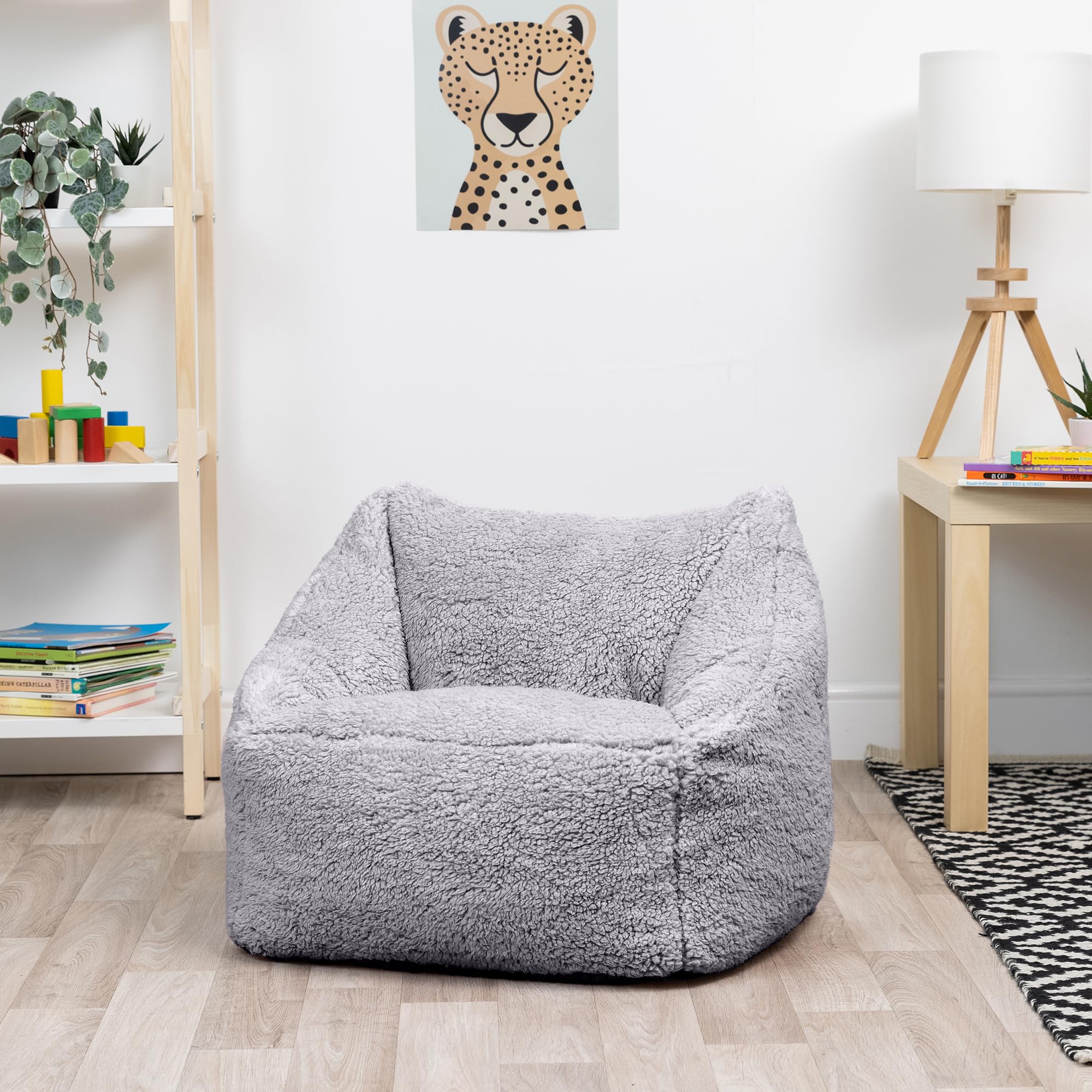 icon Kids Teddy Fleece Bean Bag Chair | Grey Fluffy Armchair with Filling