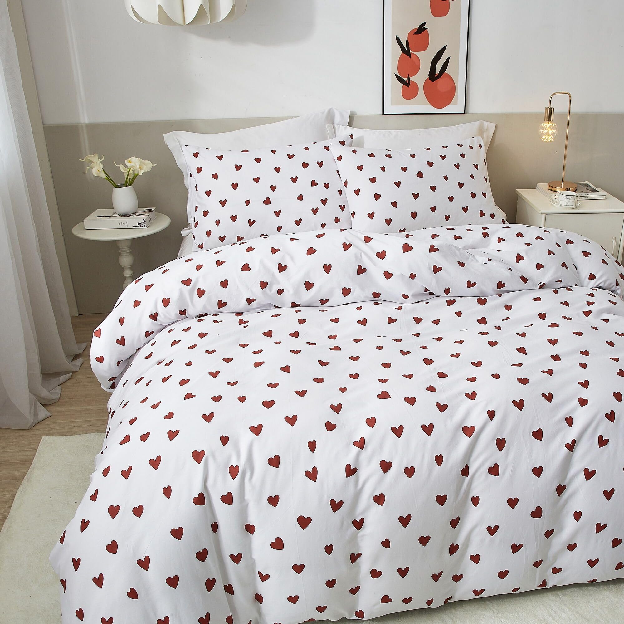 Jolof Store Red Heart King Duvet Cover Set | 100% Cotton 3pc Bedding