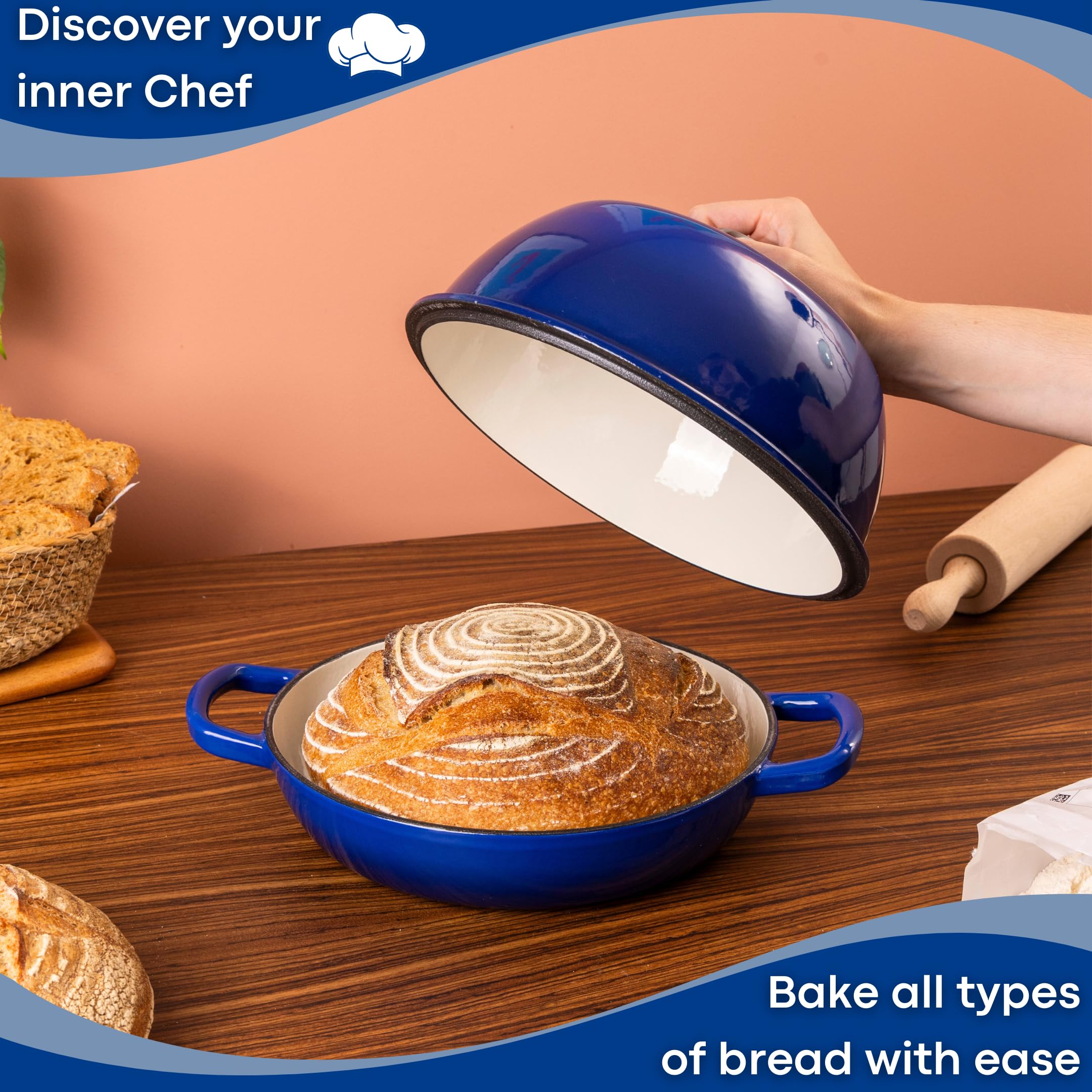 Nuovva Enamelled Cast Iron Dutch Oven - 6 Quart Bread Pot, Dark Blue