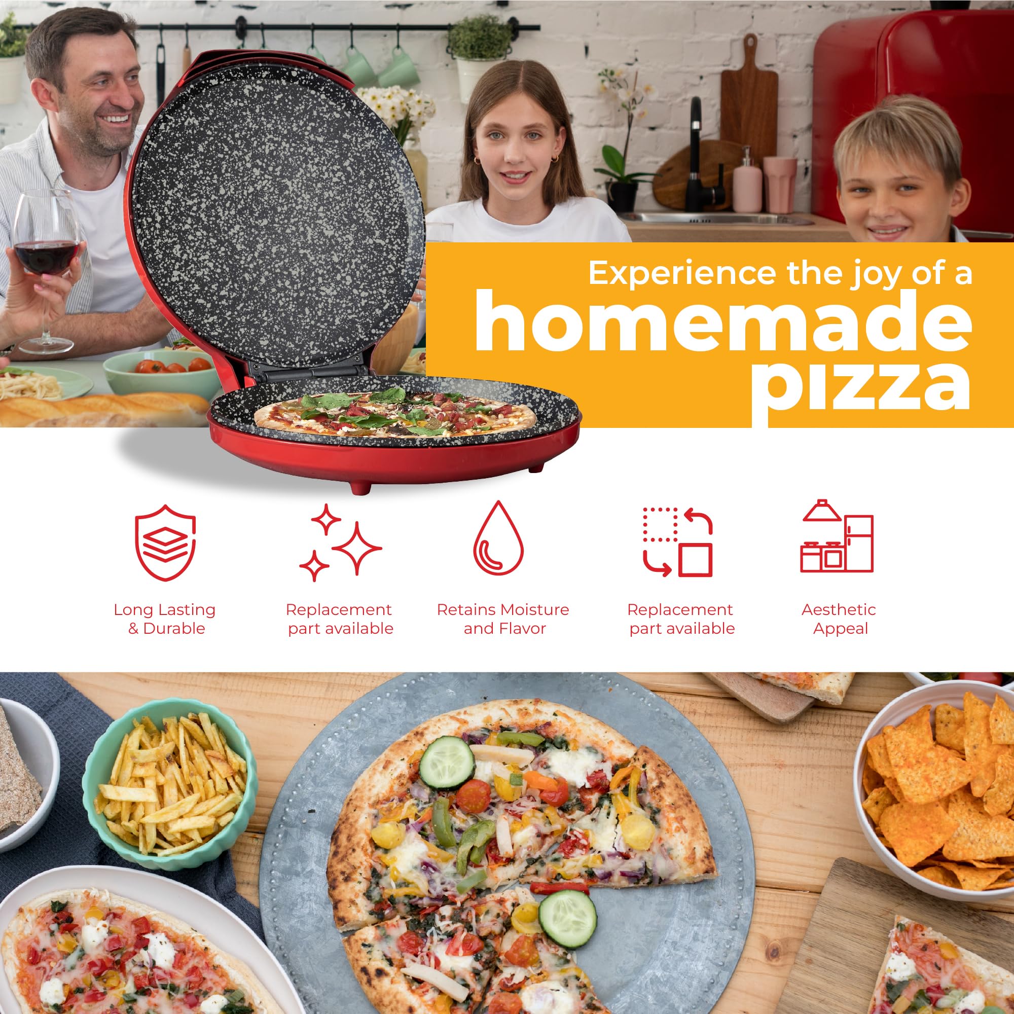 MisterChef 12 Inch Pizza Maker – 1450W Nonstick Ceramic Plates, Red