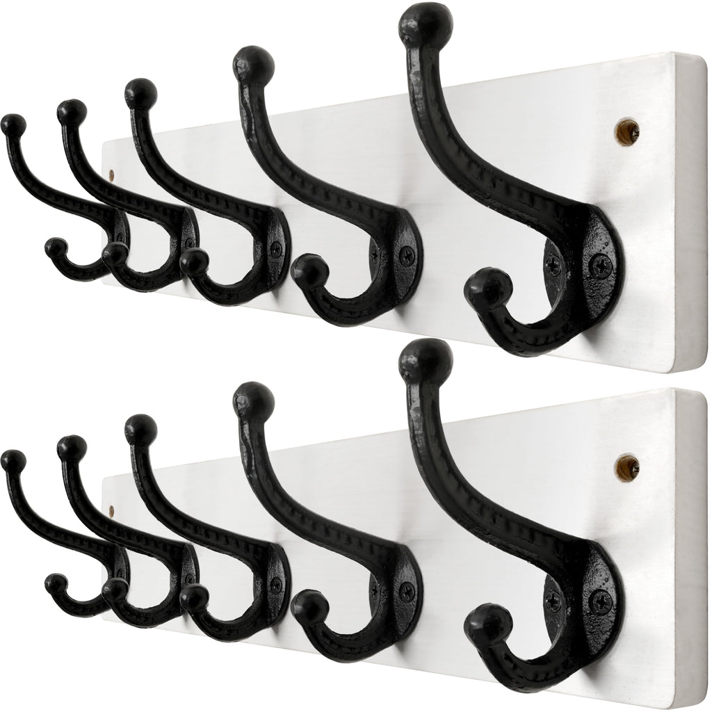 Rustic Wood Coat Rack – 5 Cast Iron Wall Hooks, 2 Pack