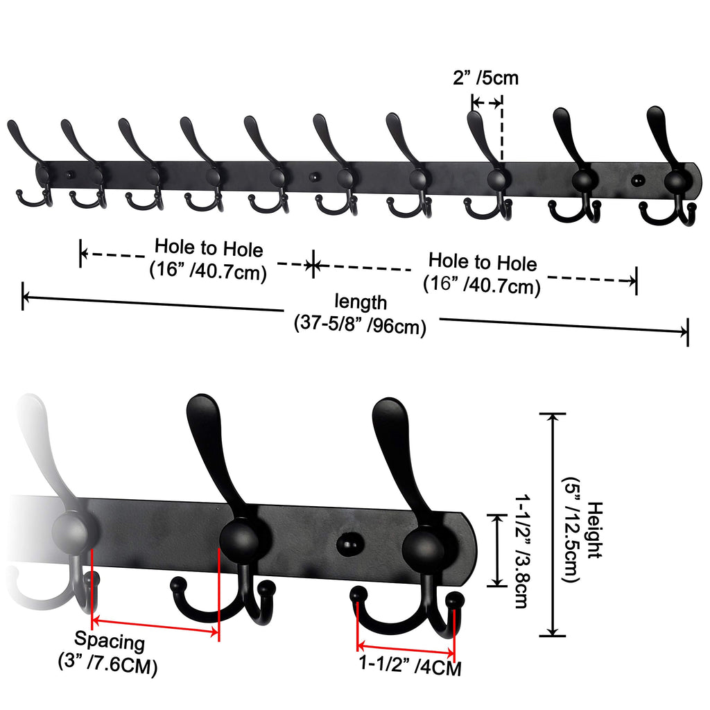 Dseap 96cm Wall Mounted Coat Rack | 10 Tri Hooks Heavy Duty Metal Rail