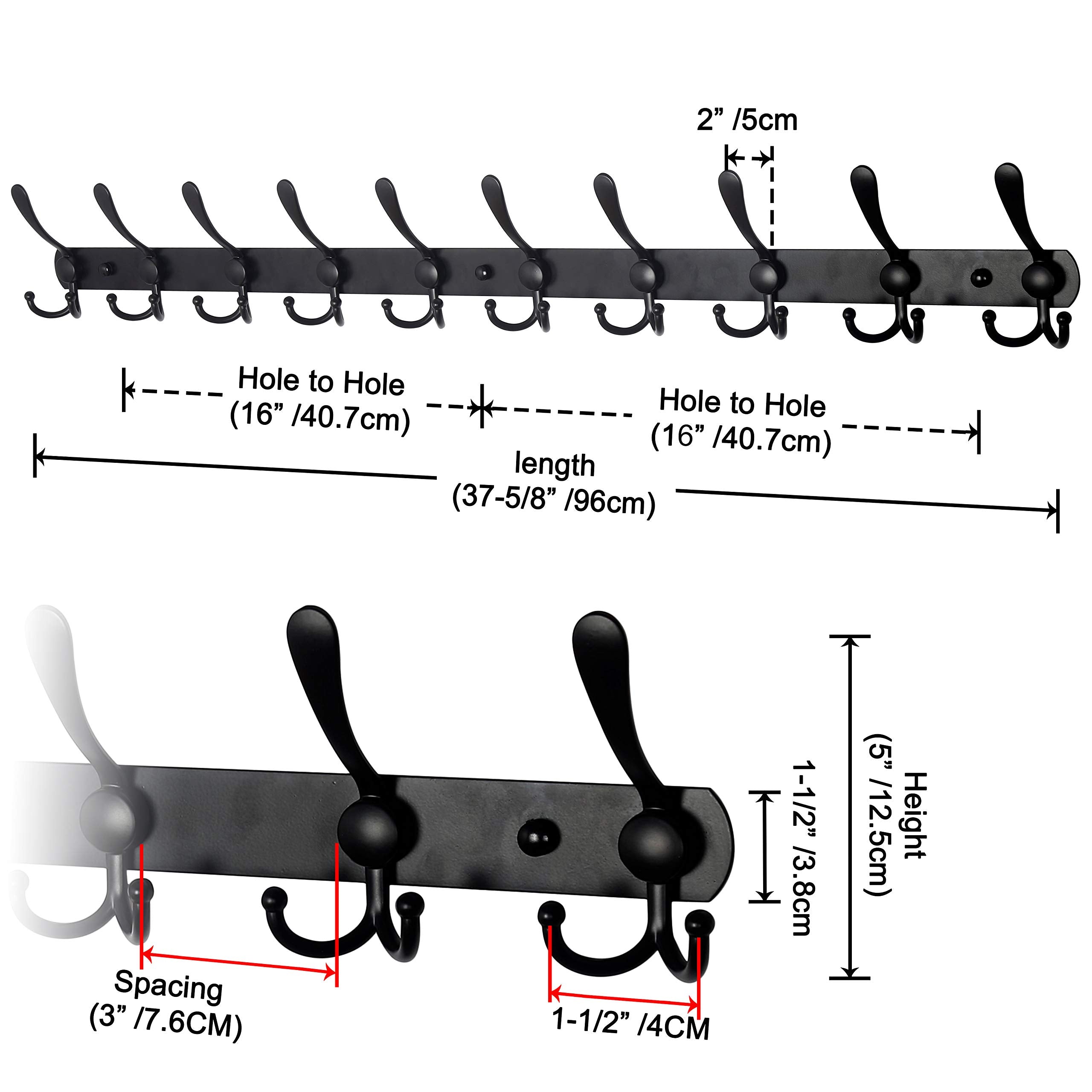 Dseap 96cm Wall Mounted Coat Rack | 10 Tri Hooks Heavy Duty Metal Rail