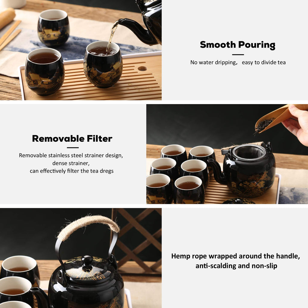 Dujust Japanese Tea Set - Black Porcelain Teapot with 6 Cups and Tray
